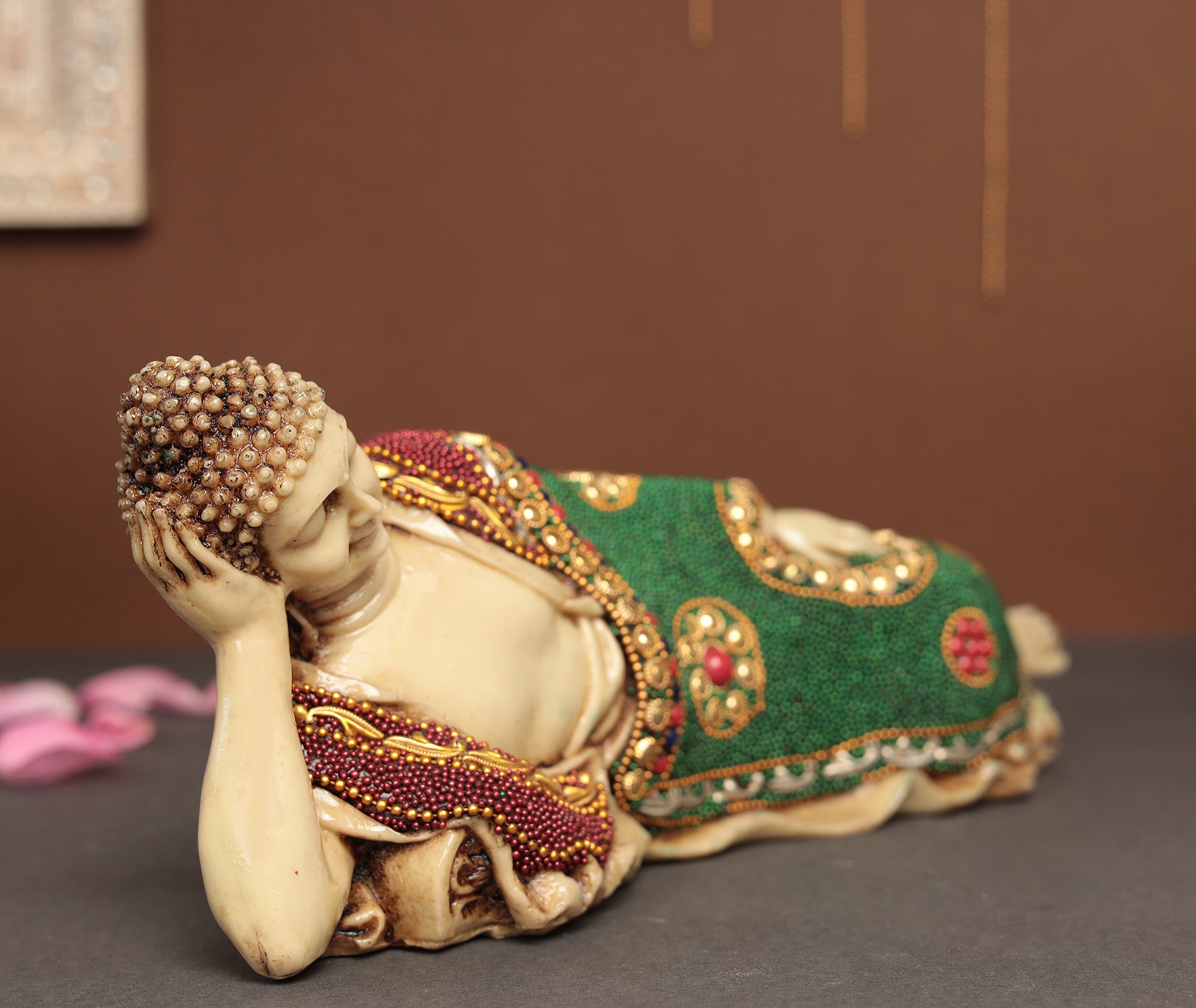 Antique Sleeping/Reclining Buddha Idol Promoting Inner Peace | Resin (Marble Dust)