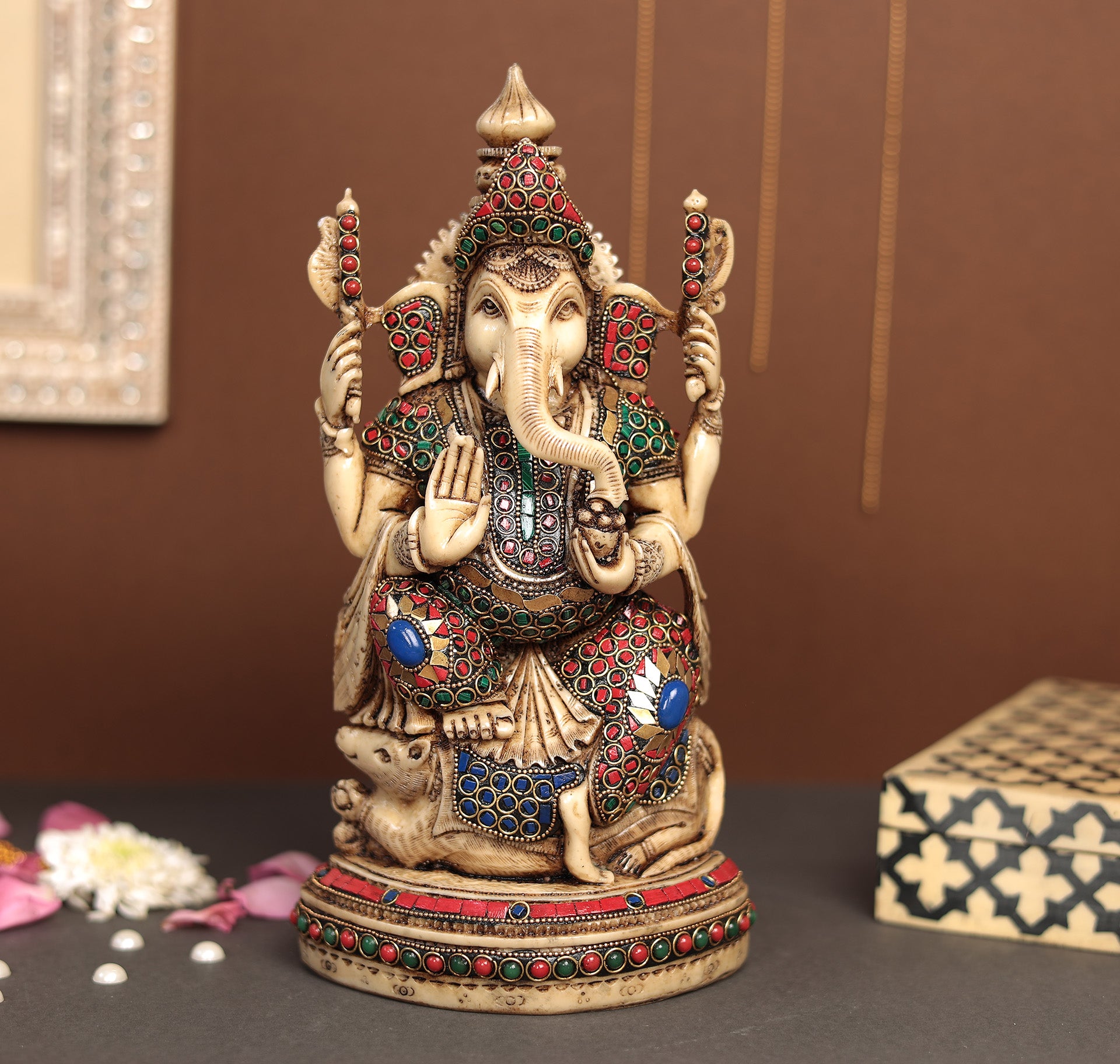 Lord Ganesha Musak Savari Idol With Stone Work