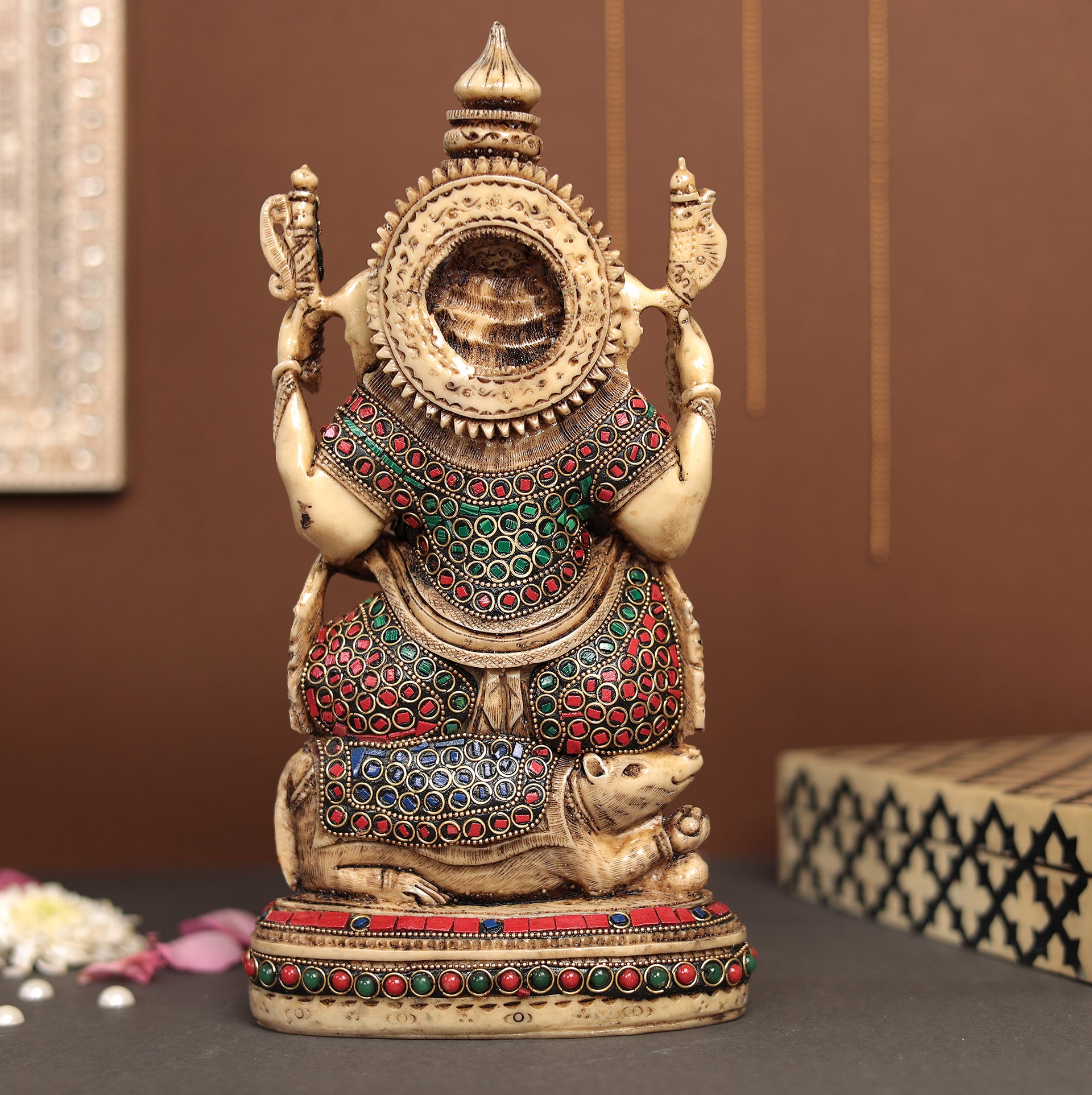 Lord Ganesha Musak Savari Idol With Stone Work