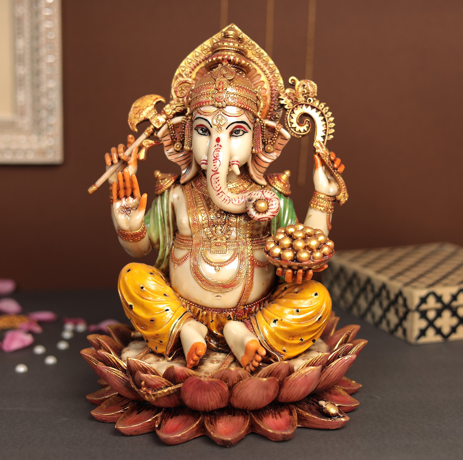 Hand Painted Lotus Ganesha Idol In 12"