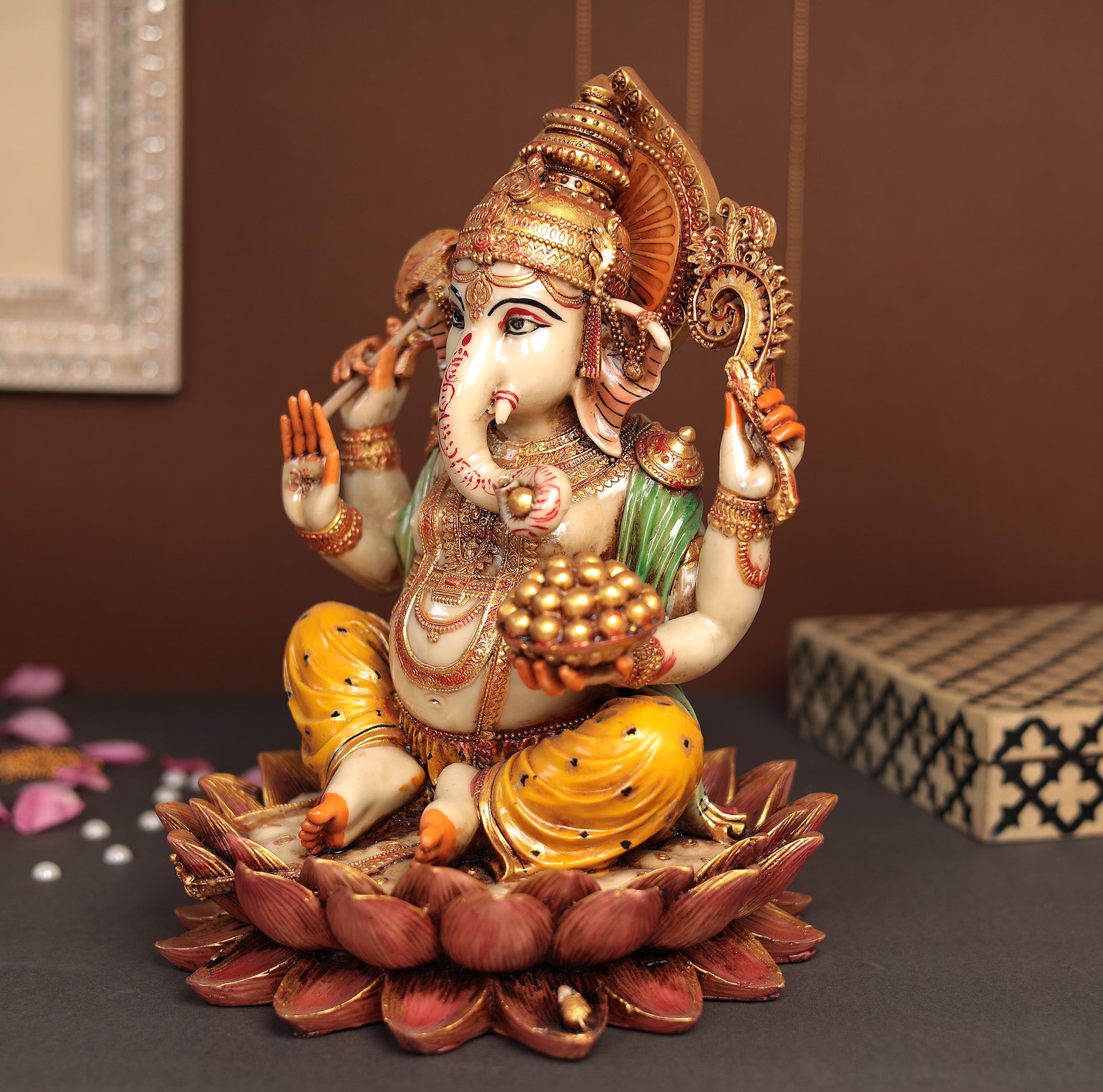 Hand Painted Lotus Ganesha Idol In 12"
