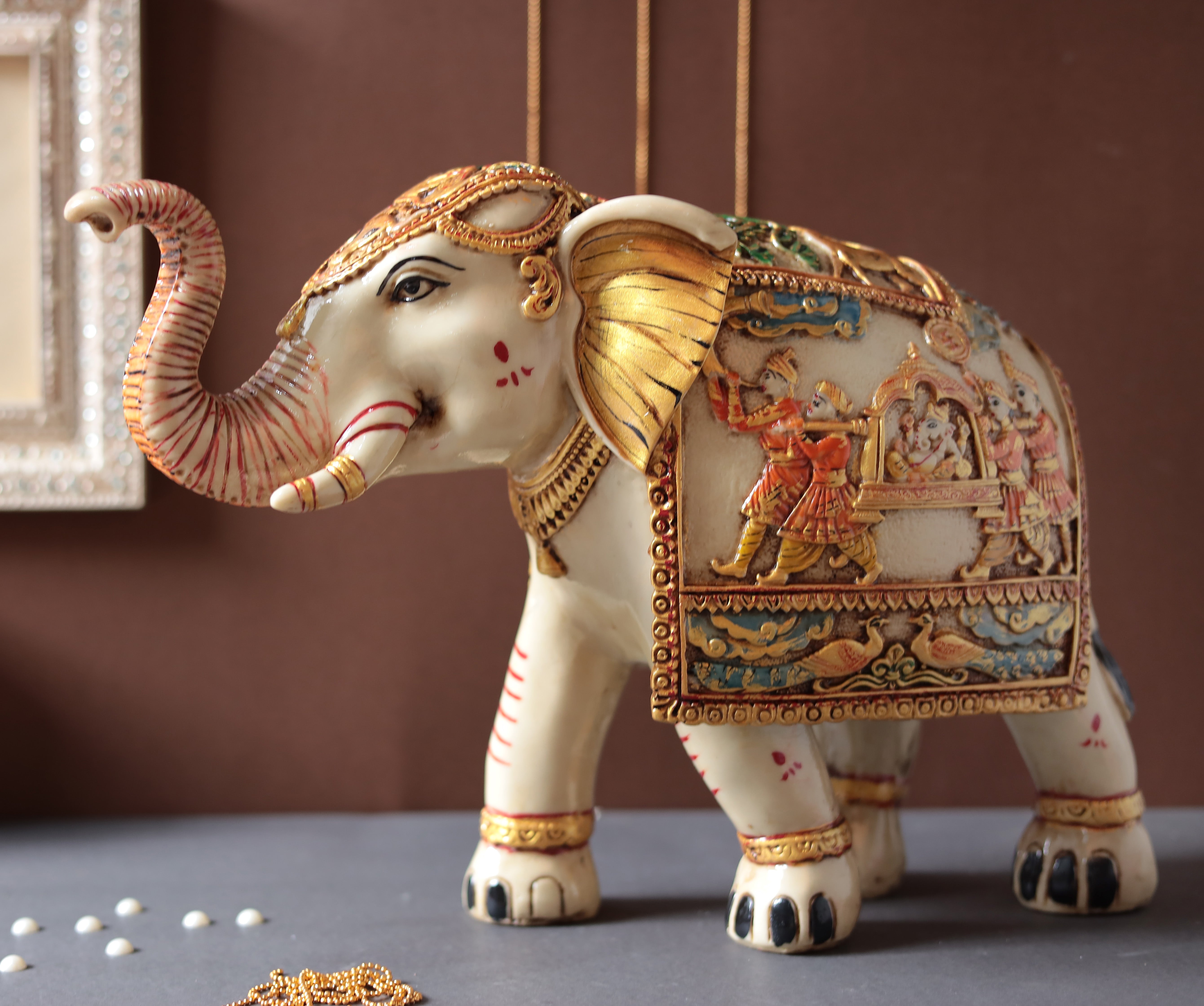 Decorative Trunk Up Ganesh Palki Carving Elephant Sculpture With Hand Painted | Resin (Marble Dust)