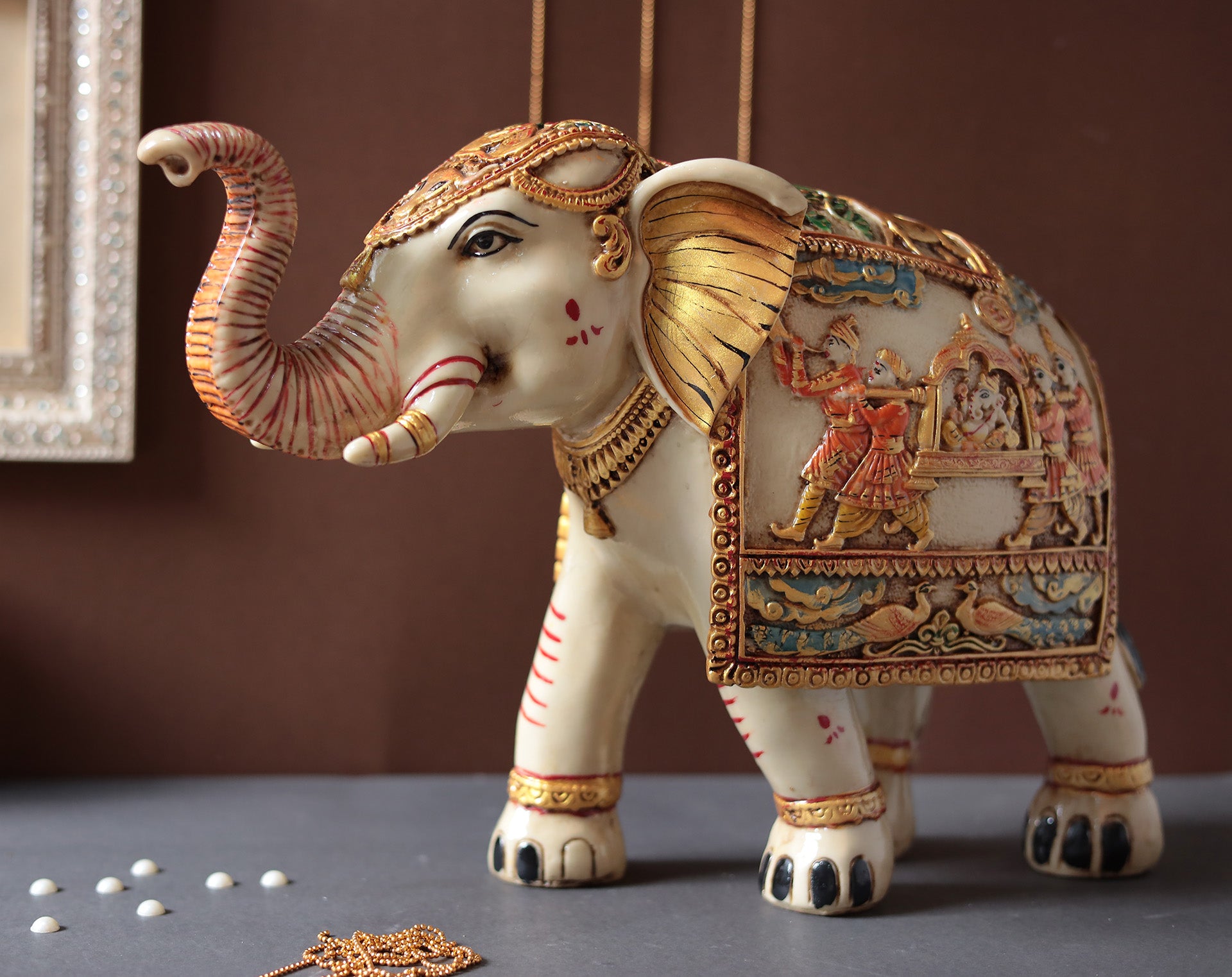 Decorative Trunk Up Ganesh Palki Carving Elephant Sculpture With Hand Painted | Resin (Marble Dust)