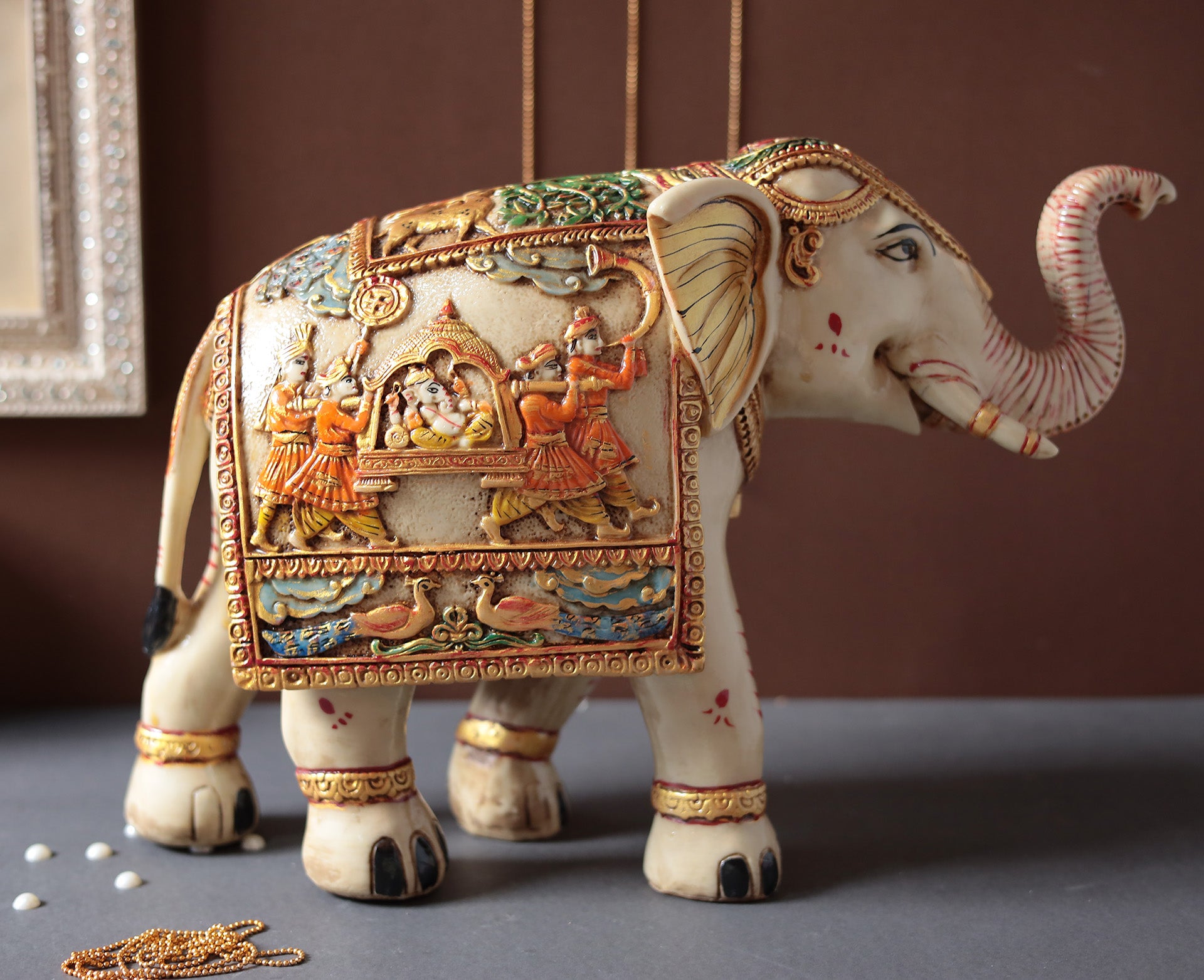 Decorative Trunk Up Ganesh Palki Carving Elephant Sculpture With Hand Painted | Resin (Marble Dust)