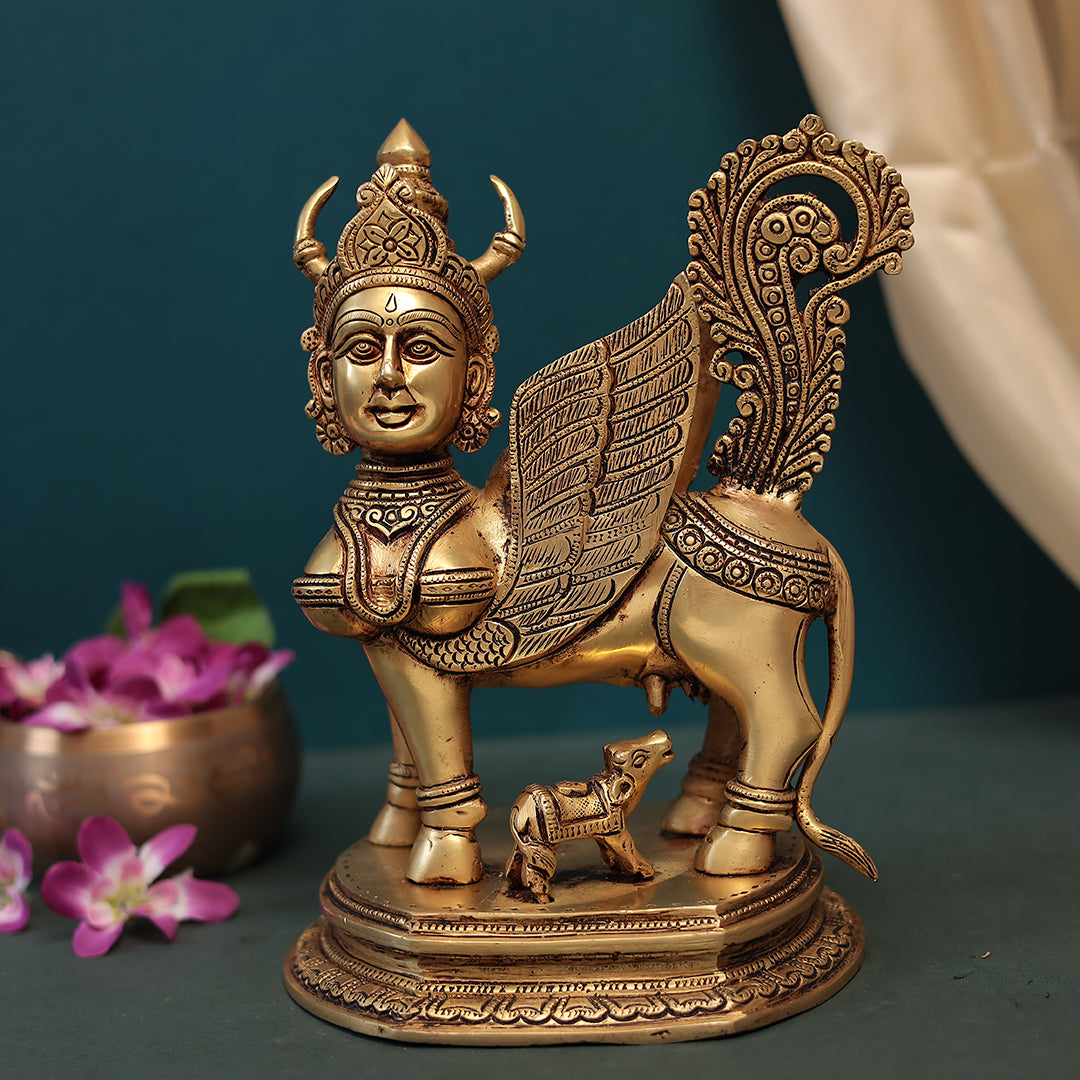 Brass Kamadhenu Cow With Calf in 11 Inches (28 Cm)