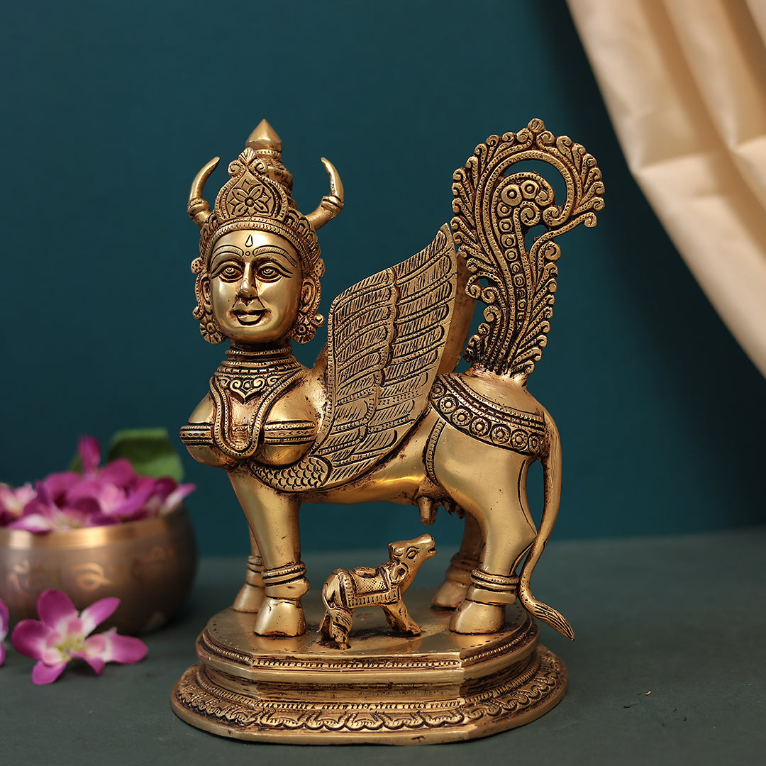 Brass Kamadhenu Cow With Calf in 11 Inches (28 Cm)