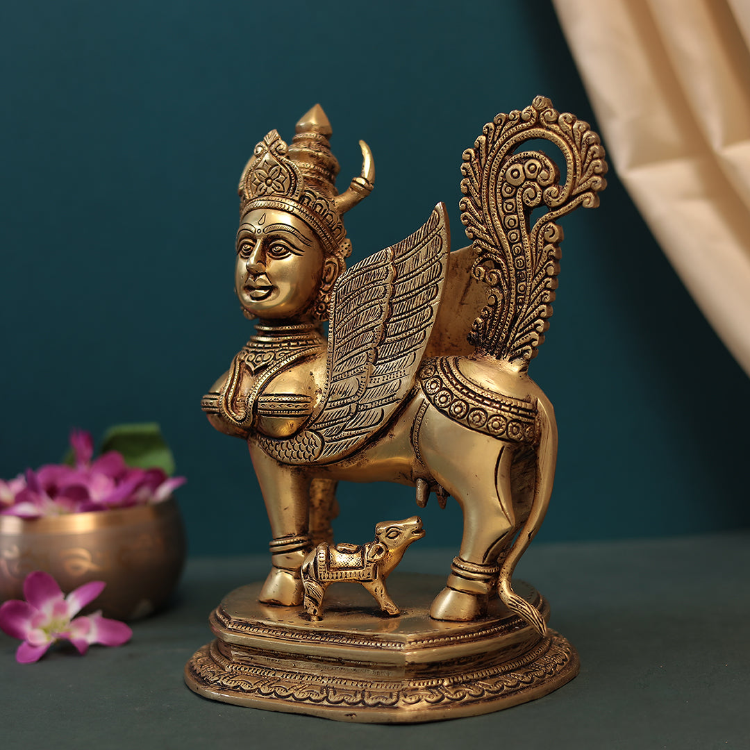 Brass Kamadhenu Cow With Calf in 11 Inches (28 Cm)