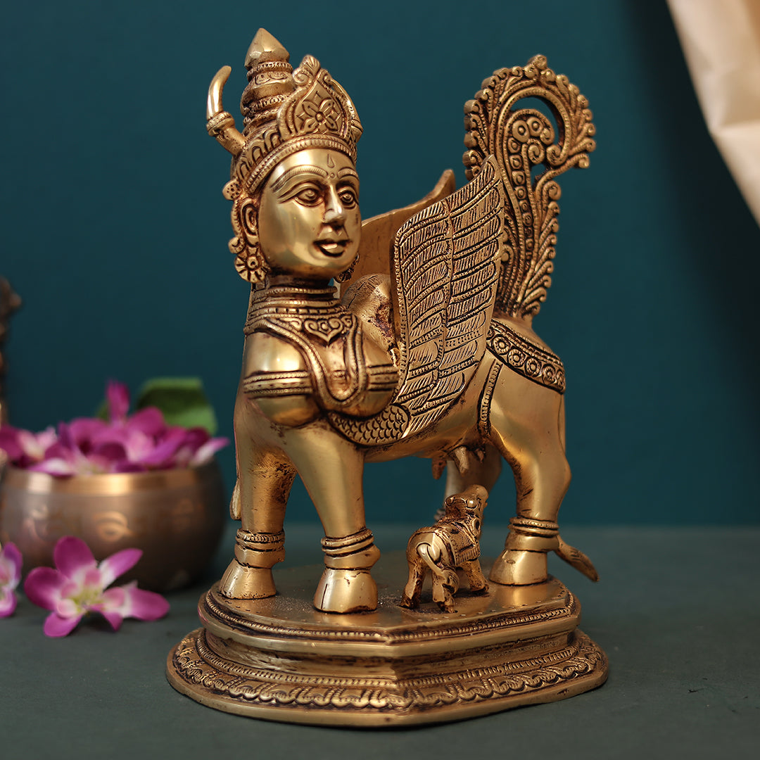 Brass Kamadhenu Cow With Calf in 11 Inches (28 Cm)