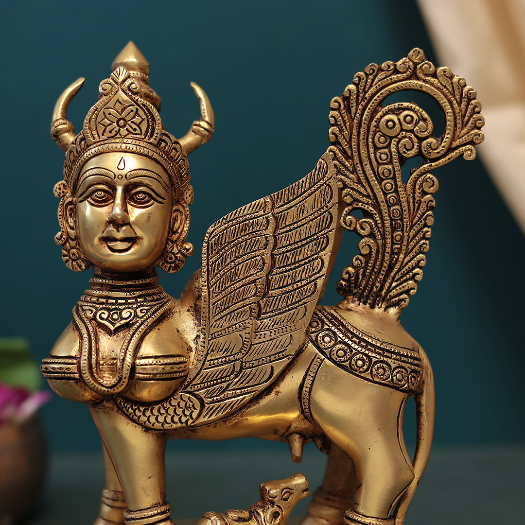 Brass Kamadhenu Cow With Calf in 11 Inches (28 Cm)