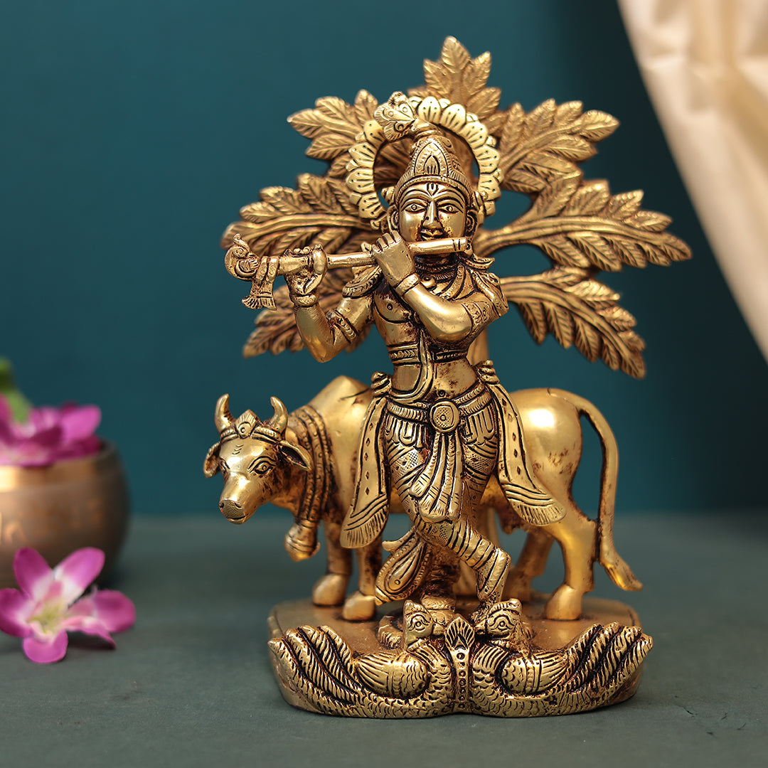 Tree Cow Krishna in Brass in 10 Inches (25 Cm)