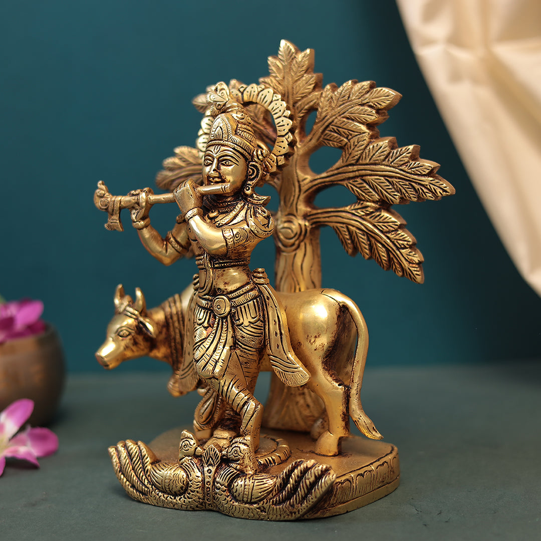 Tree Cow Krishna in Brass in 10 Inches (25 Cm)