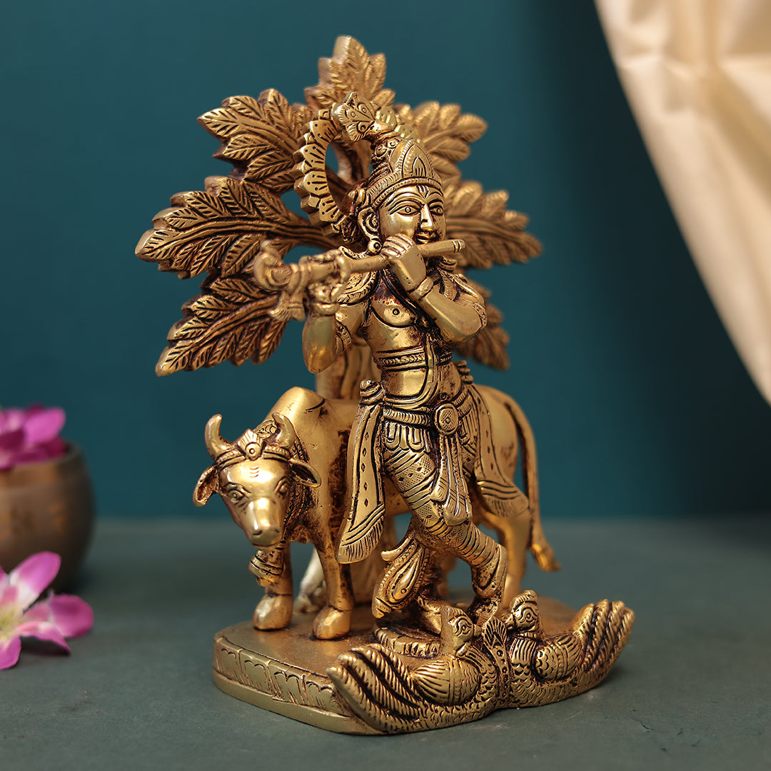 Tree Cow Krishna in Brass in 10 Inches (25 Cm)