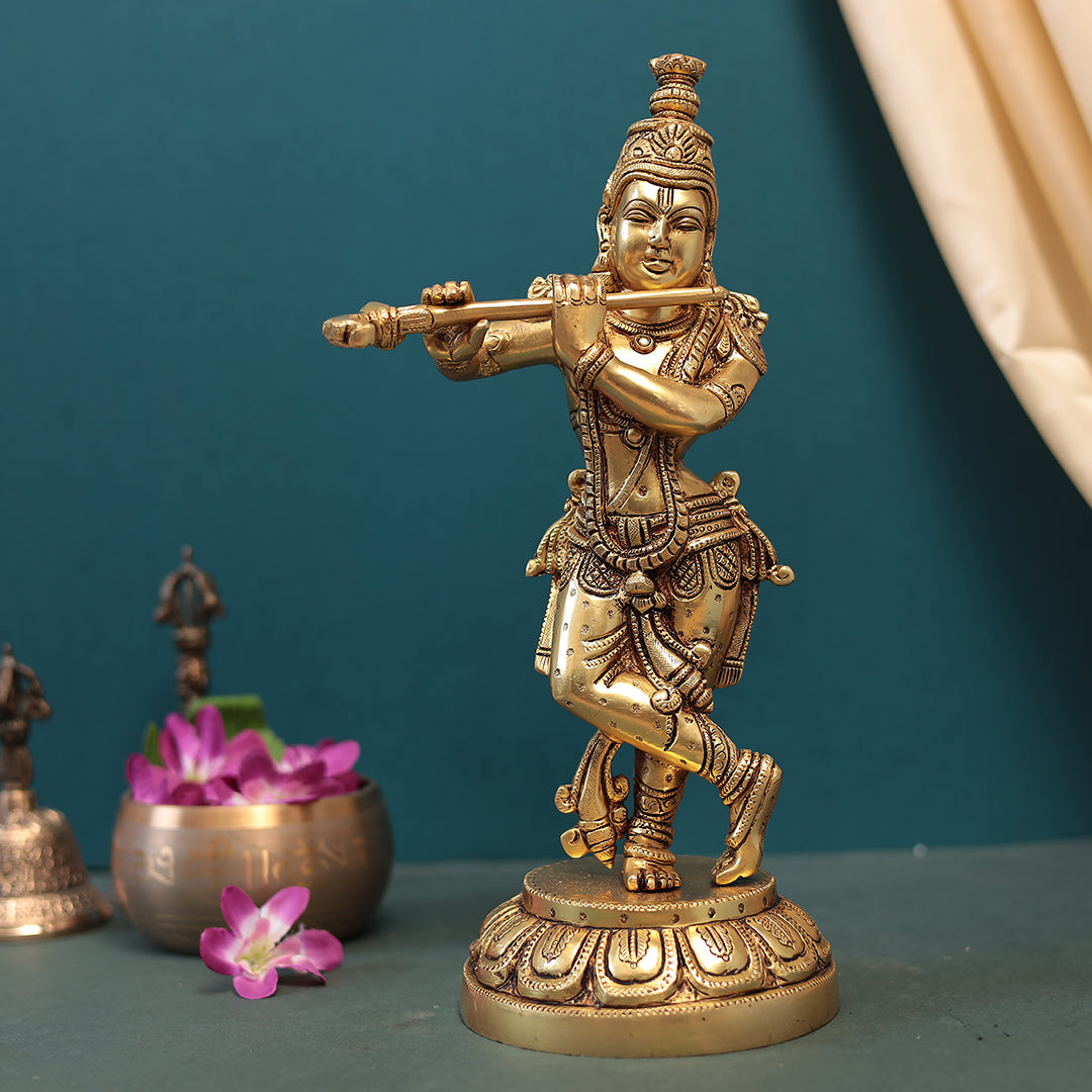 Brass Flute Krishna Idol in 12"(30.48 Cm)