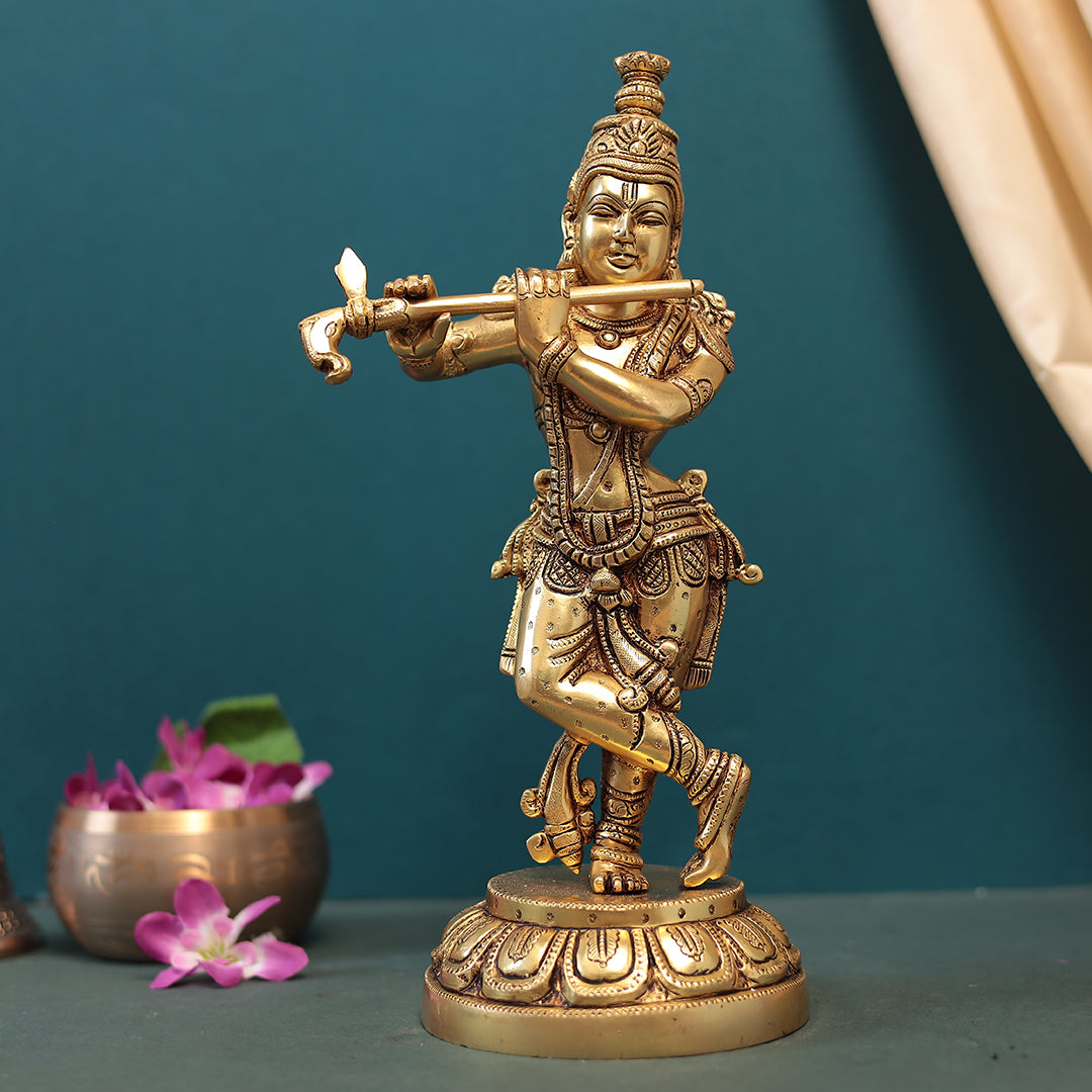 Brass Flute Krishna Idol in 12"(30.48 Cm)