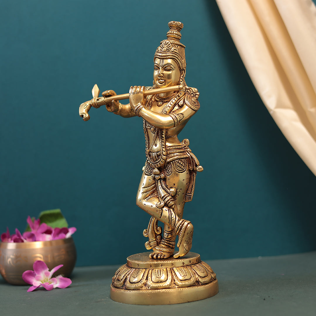 Brass Flute Krishna Idol in 12"(30.48 Cm)