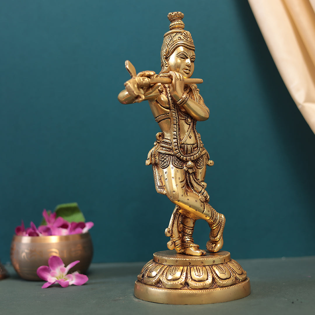 Brass Flute Krishna Idol in 12"(30.48 Cm)