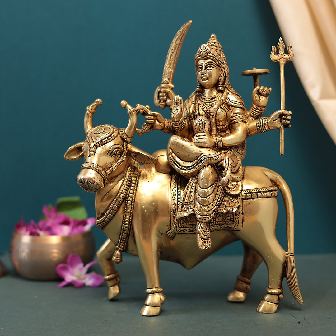 Brass Goddess Durga Seated On Cow In 13 Inches (33 Cm)