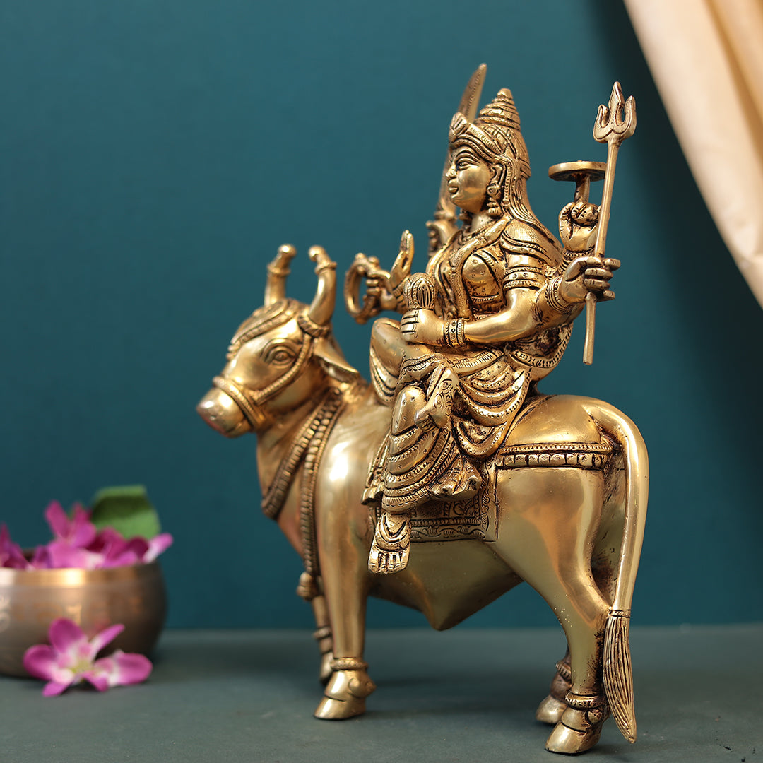 Brass Goddess Durga Seated On Cow In 13 Inches (33 Cm)