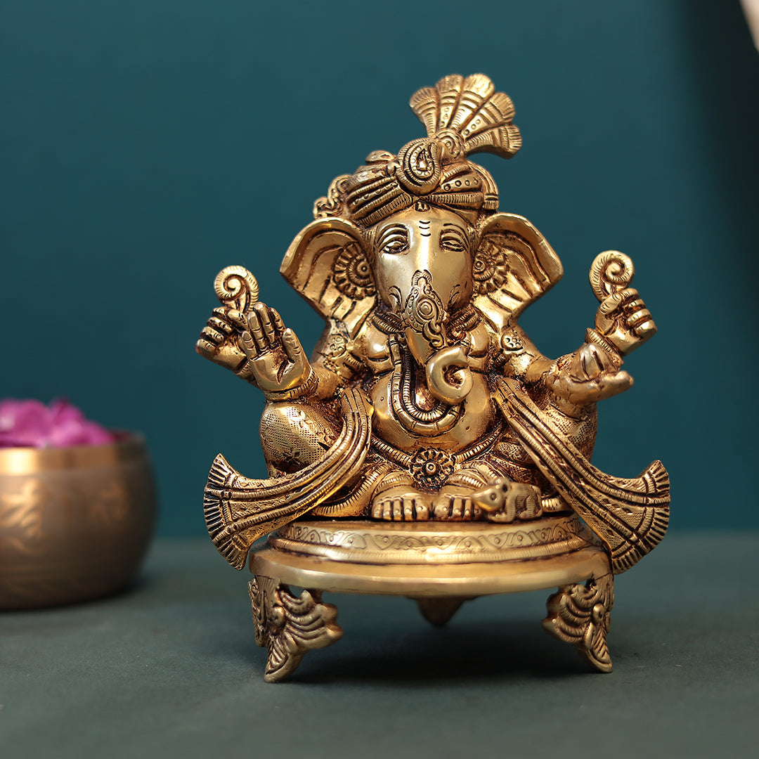 Brass Pagdi Ganesh Sitting On Chowki In 7.5 Inches (19 Cm)