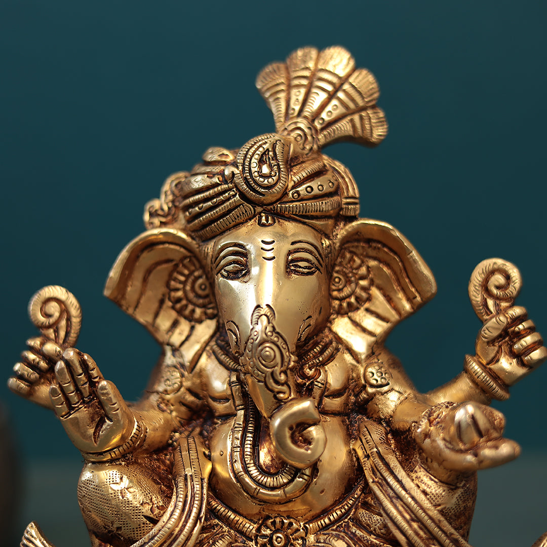 Brass Pagdi Ganesh Sitting On Chowki In 7.5 Inches (19 Cm)