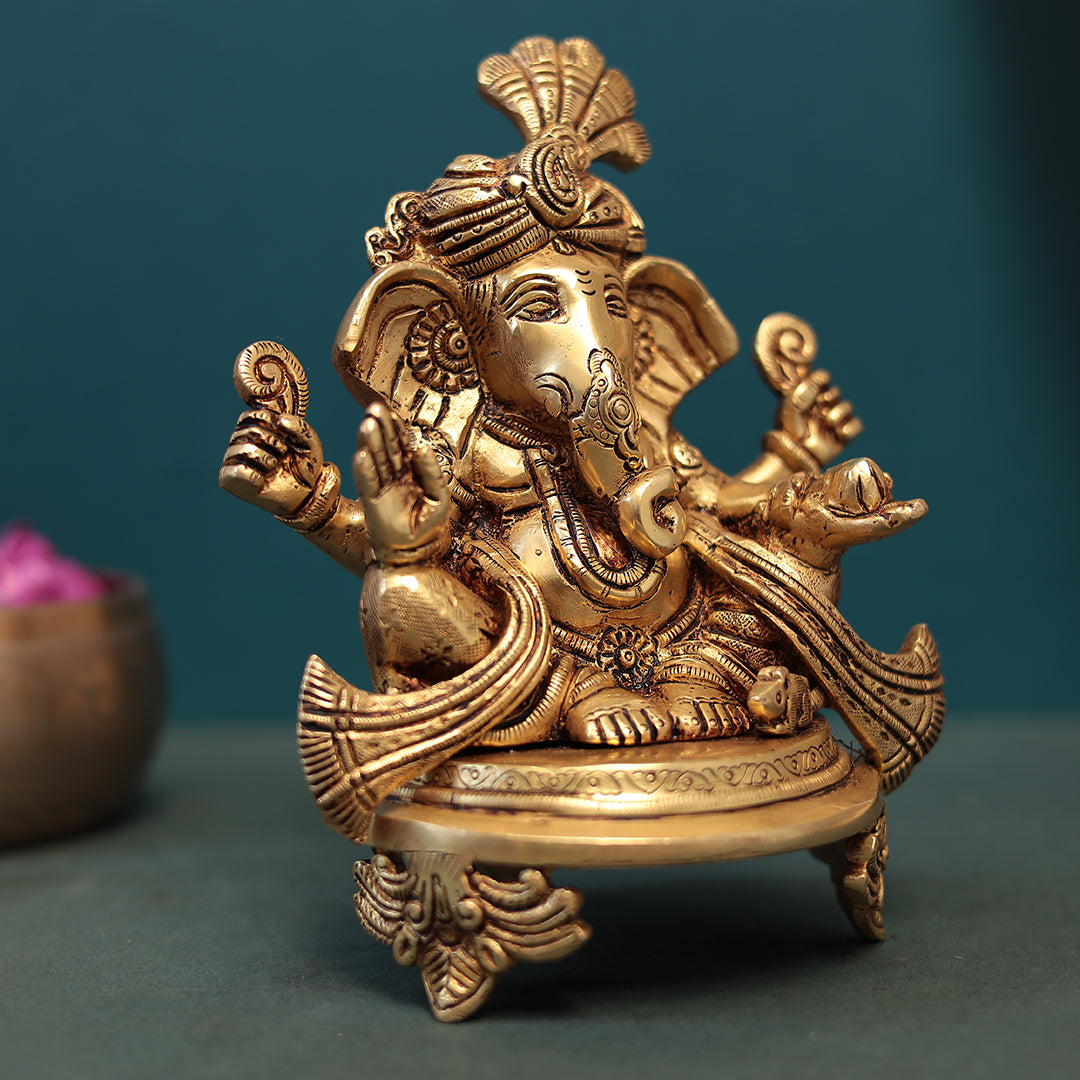 Brass Pagdi Ganesh Sitting On Chowki In 7.5 Inches (19 Cm)