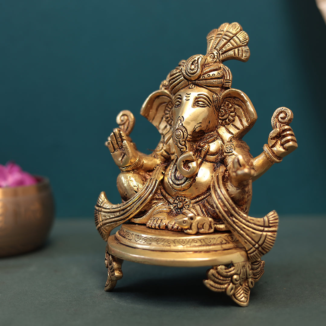 Brass Pagdi Ganesh Sitting On Chowki In 7.5 Inches (19 Cm)