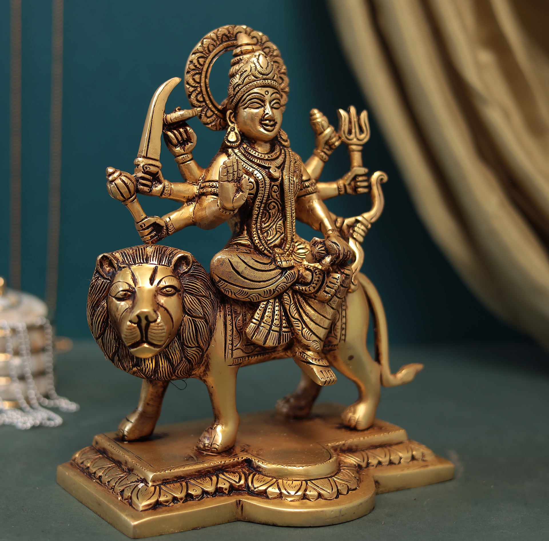 Brass Maa Durga/Ambe Idol In sitting Posture in 9 Inches (22.8 Cms)