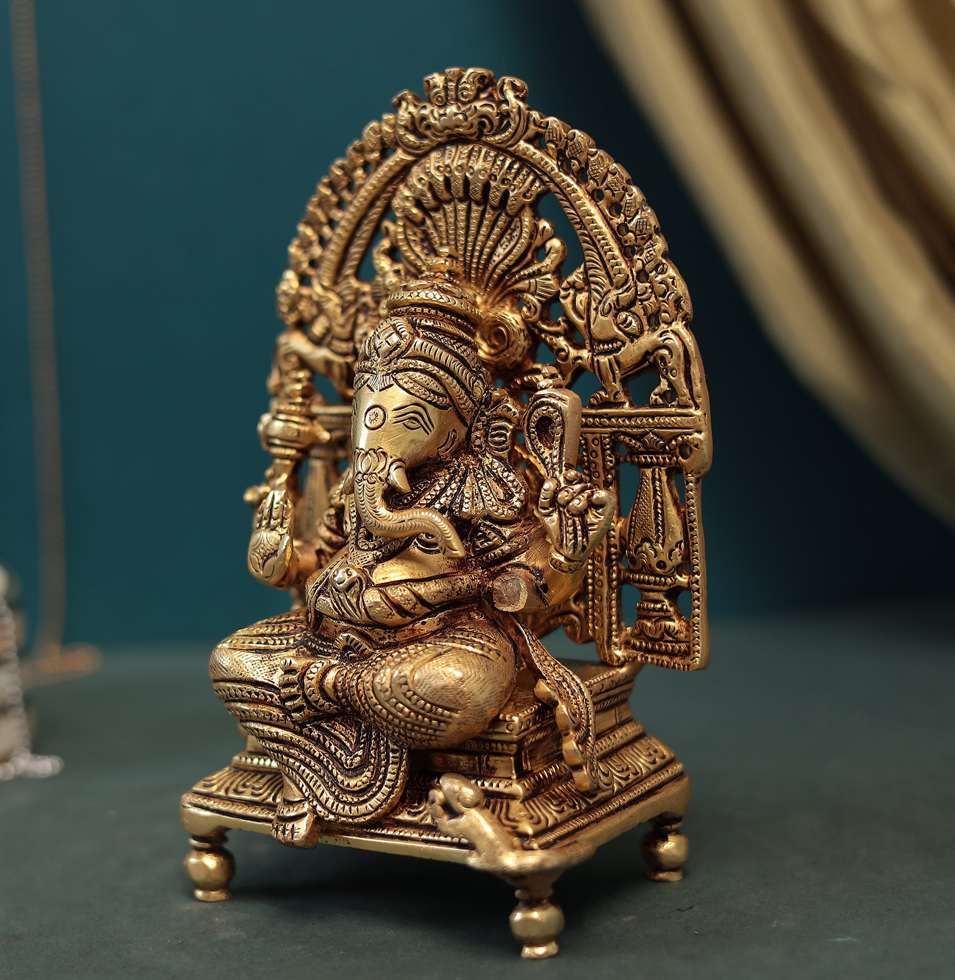 Brass Devotional Ganesha Sitting On Chowki Idol