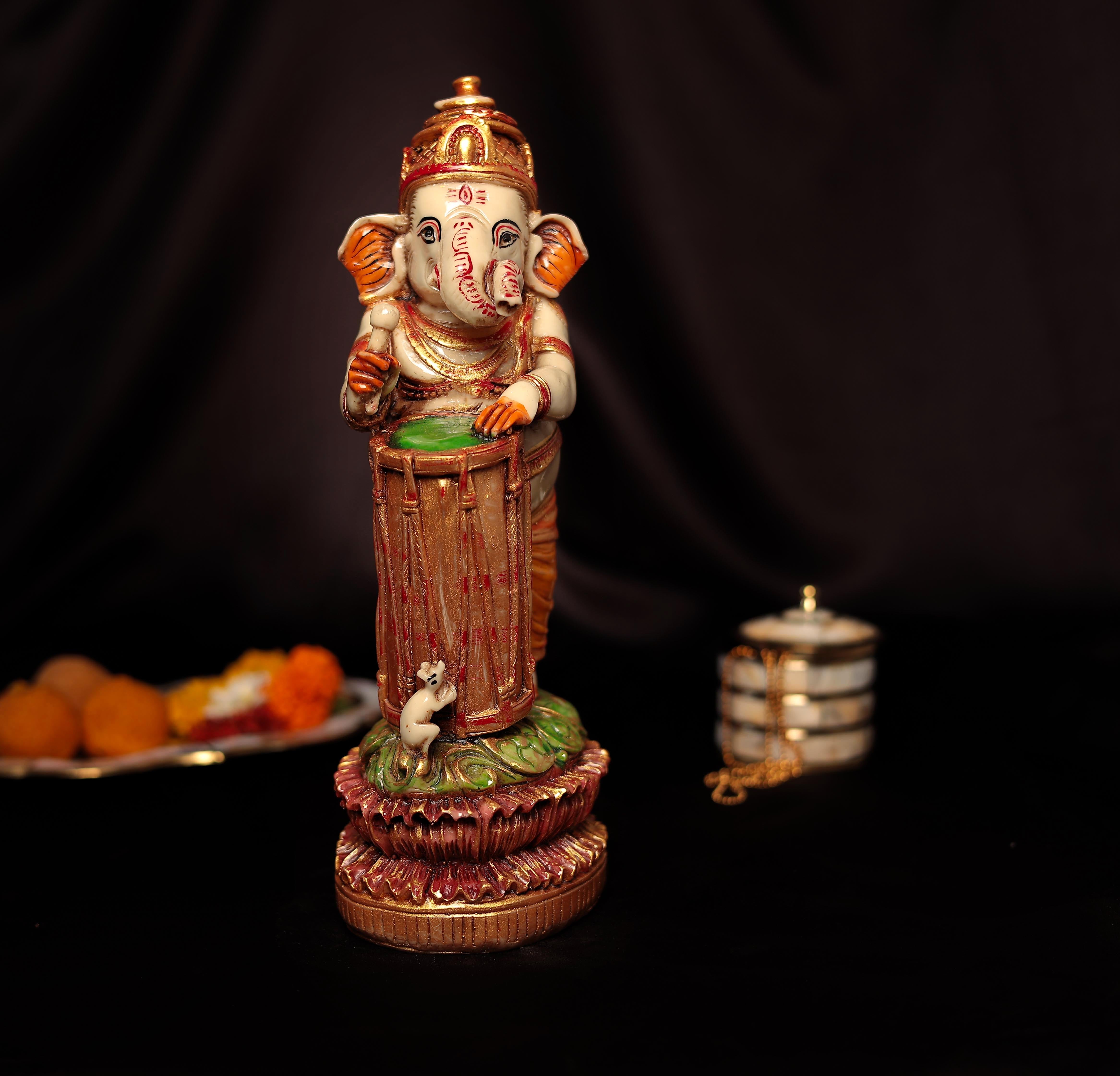 Standing Damru Ganesh With Left Trunk For Home and Office Decor In 1 Feet