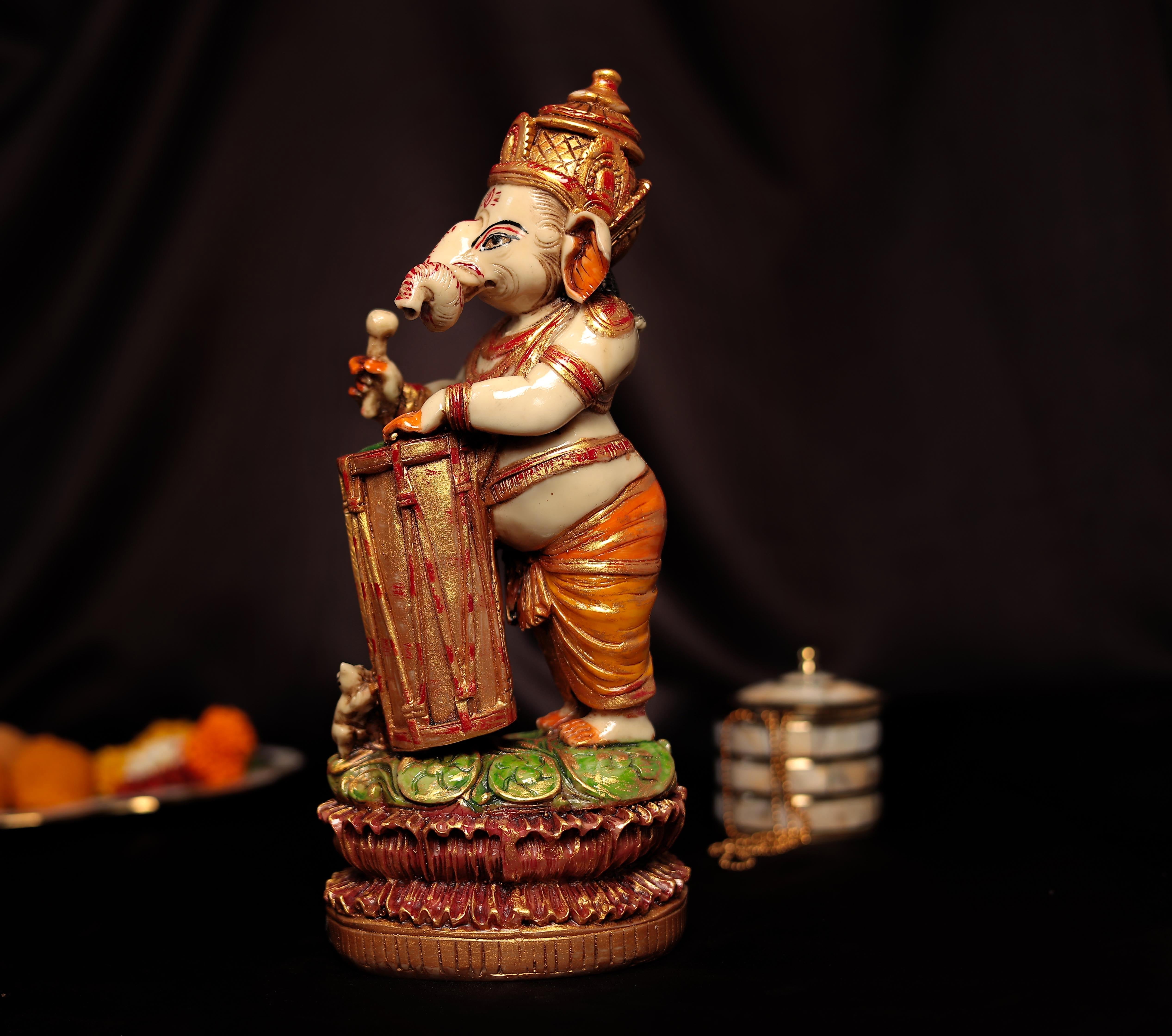 Standing Damru Ganesh With Left Trunk For Home and Office Decor In 1 Feet