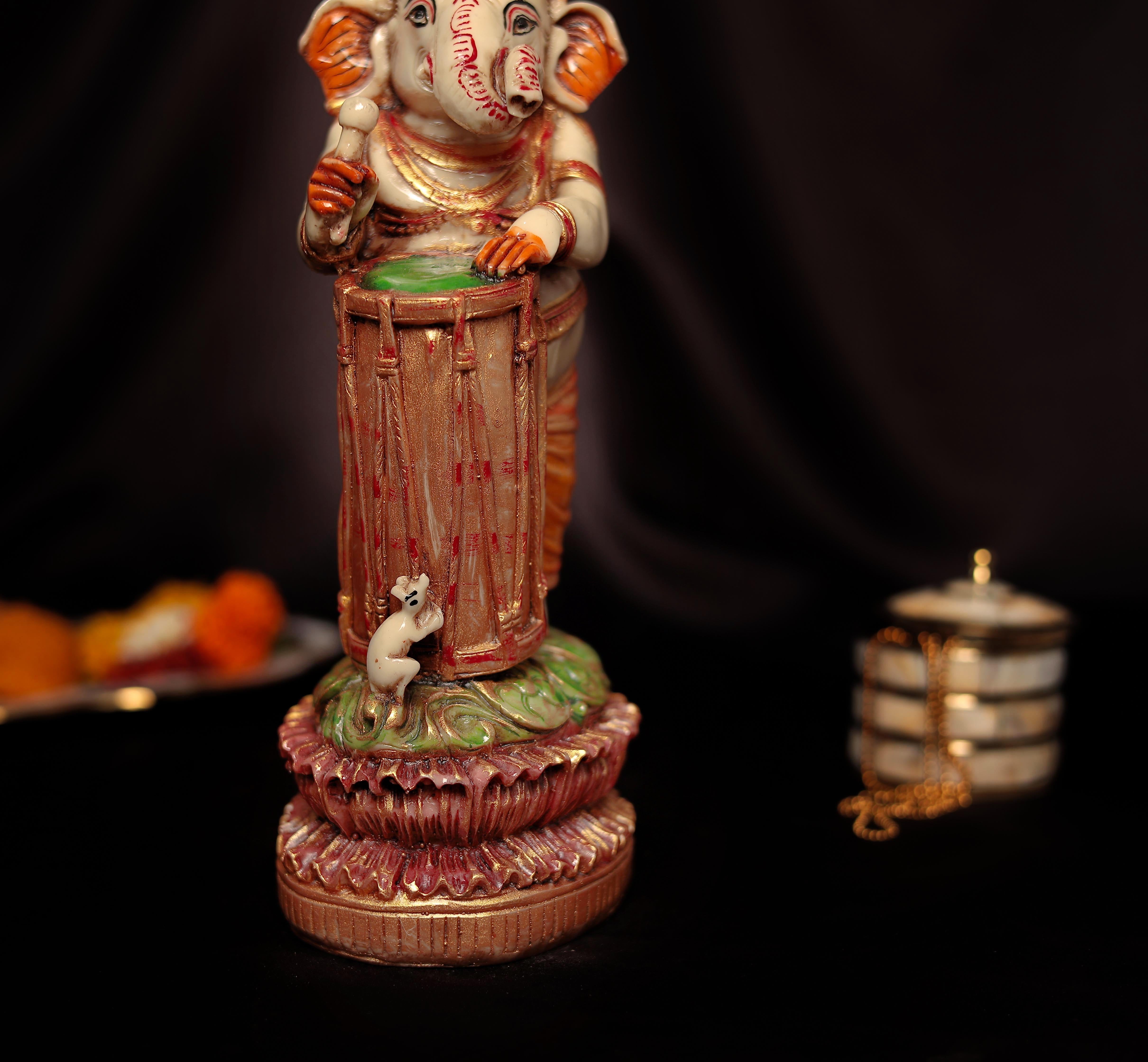 Standing Damru Ganesh With Left Trunk For Home and Office Decor In 1 Feet