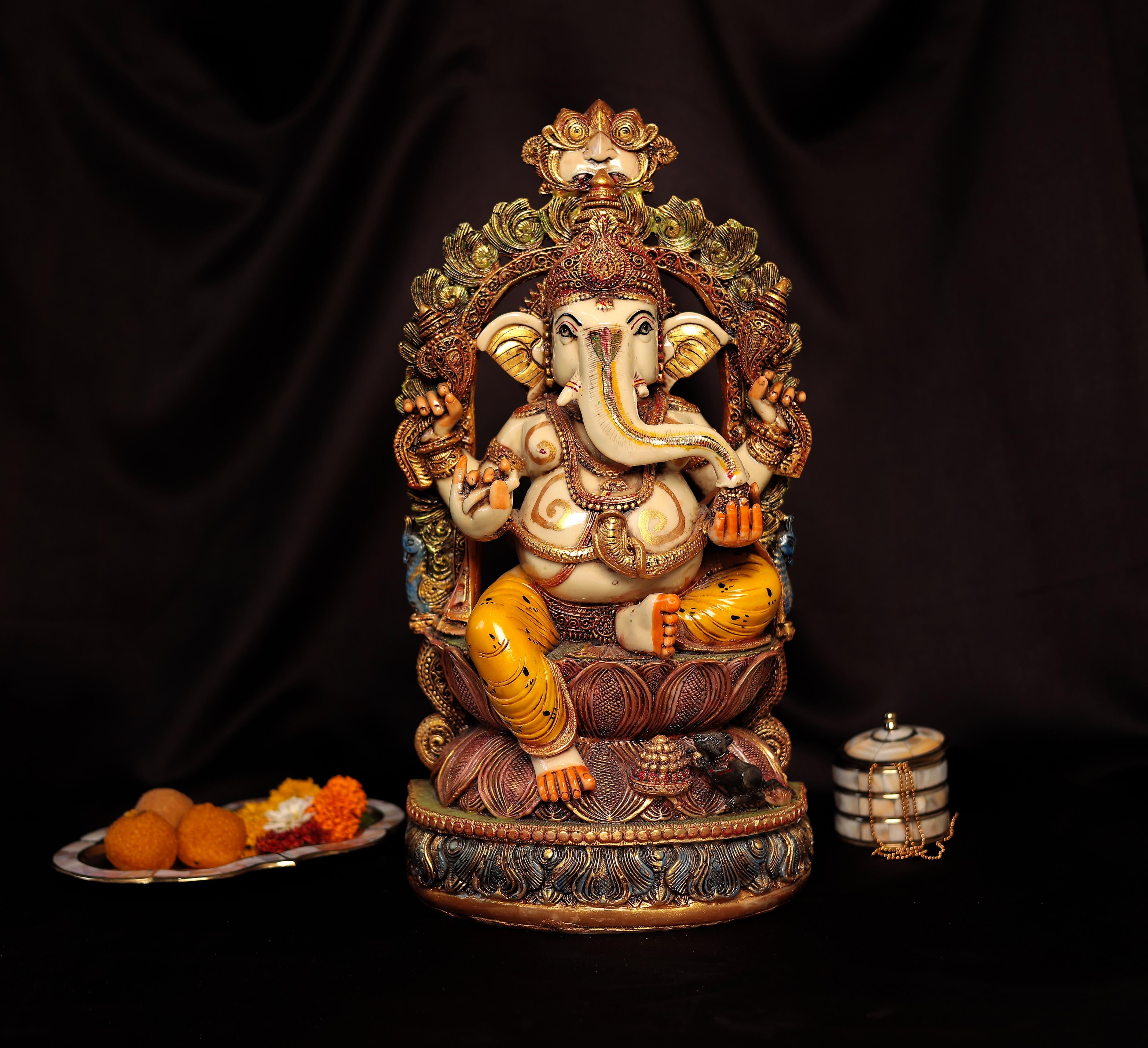 Exquisite Lord Ganesha Idol Sitting On Lotus In Big Size (17.5 Inches, 44.5 Cm)