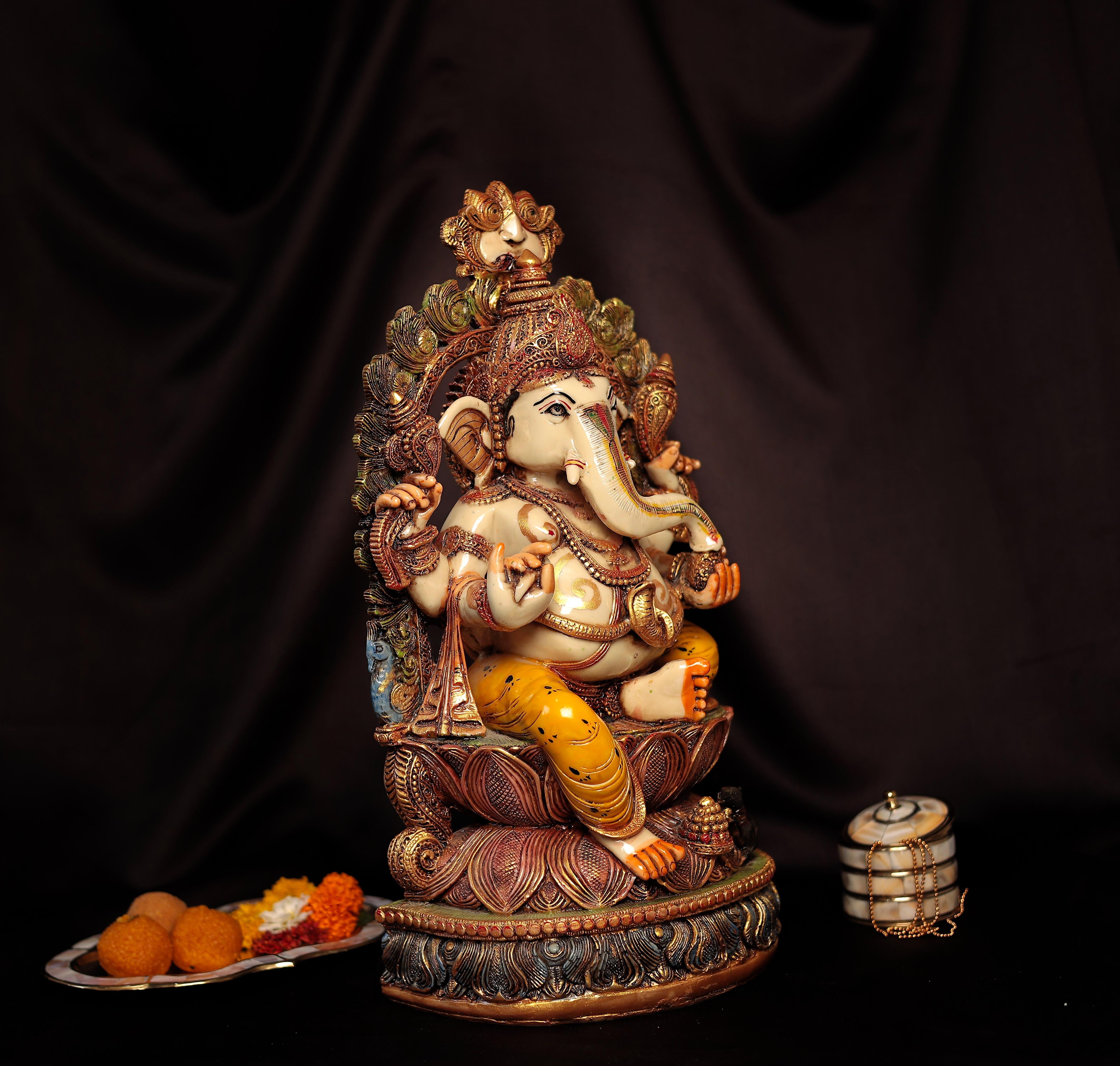 Exquisite Lord Ganesha Idol Sitting On Lotus In Big Size (17.5 Inches, 44.5 Cm)