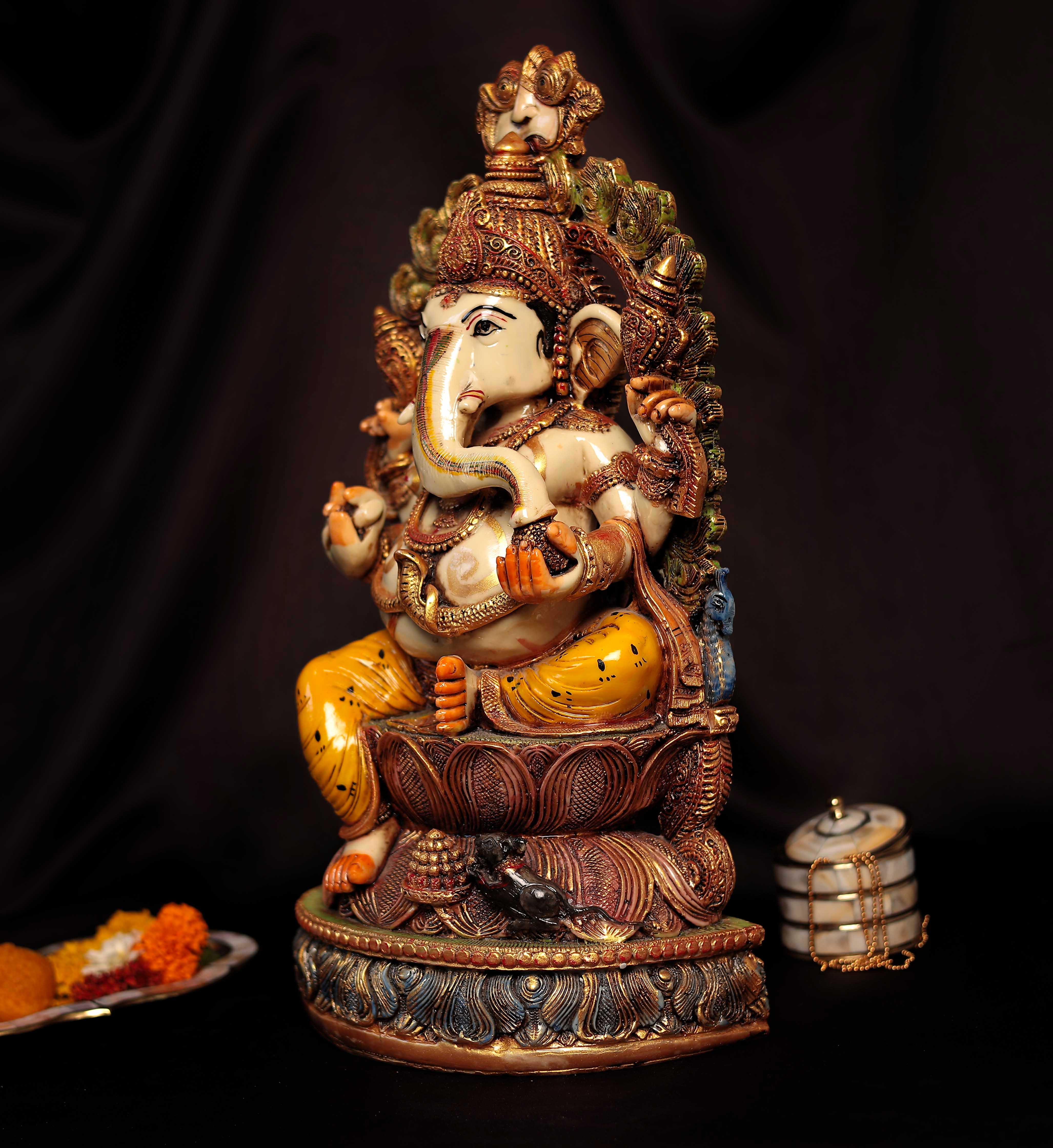 Exquisite Lord Ganesha Idol Sitting On Lotus In Big Size (17.5 Inches, 44.5 Cm)