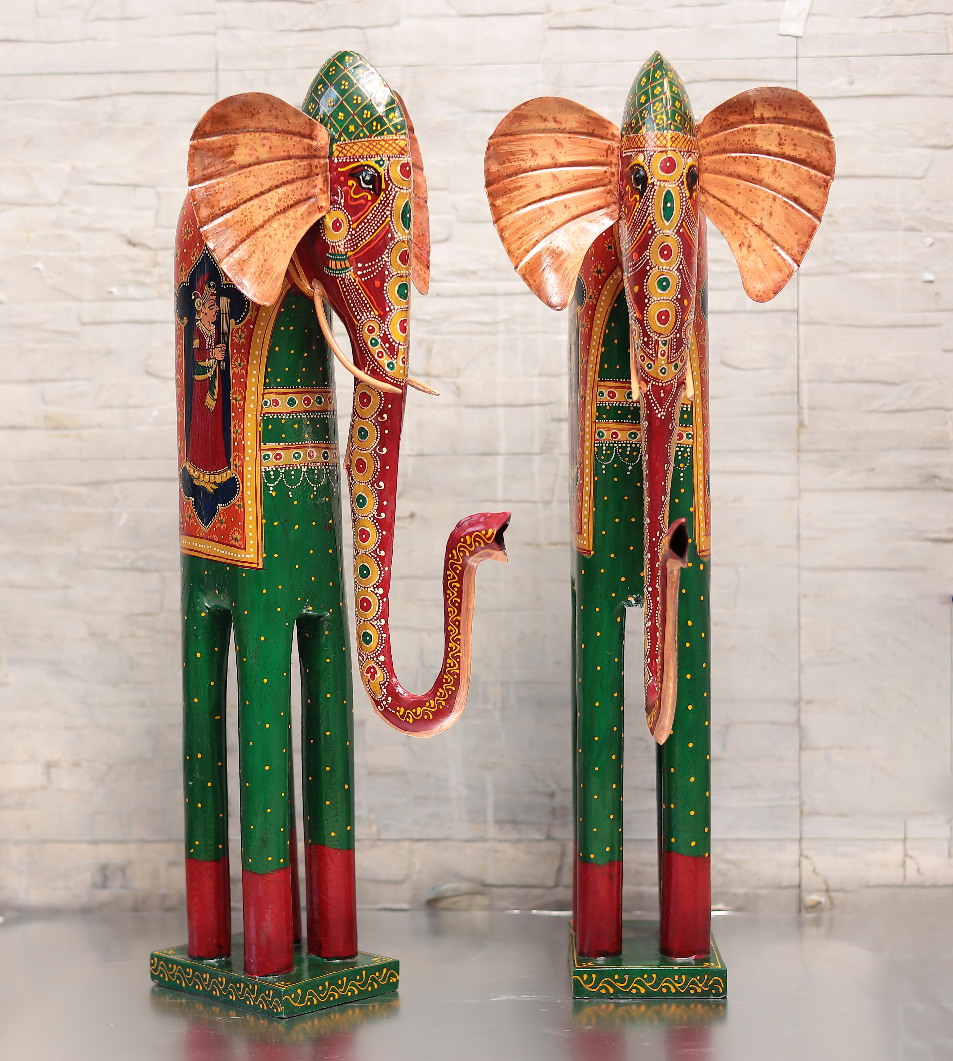 Wooden and Metal Ethnic Decorative Elephant Pair With Hand Painted