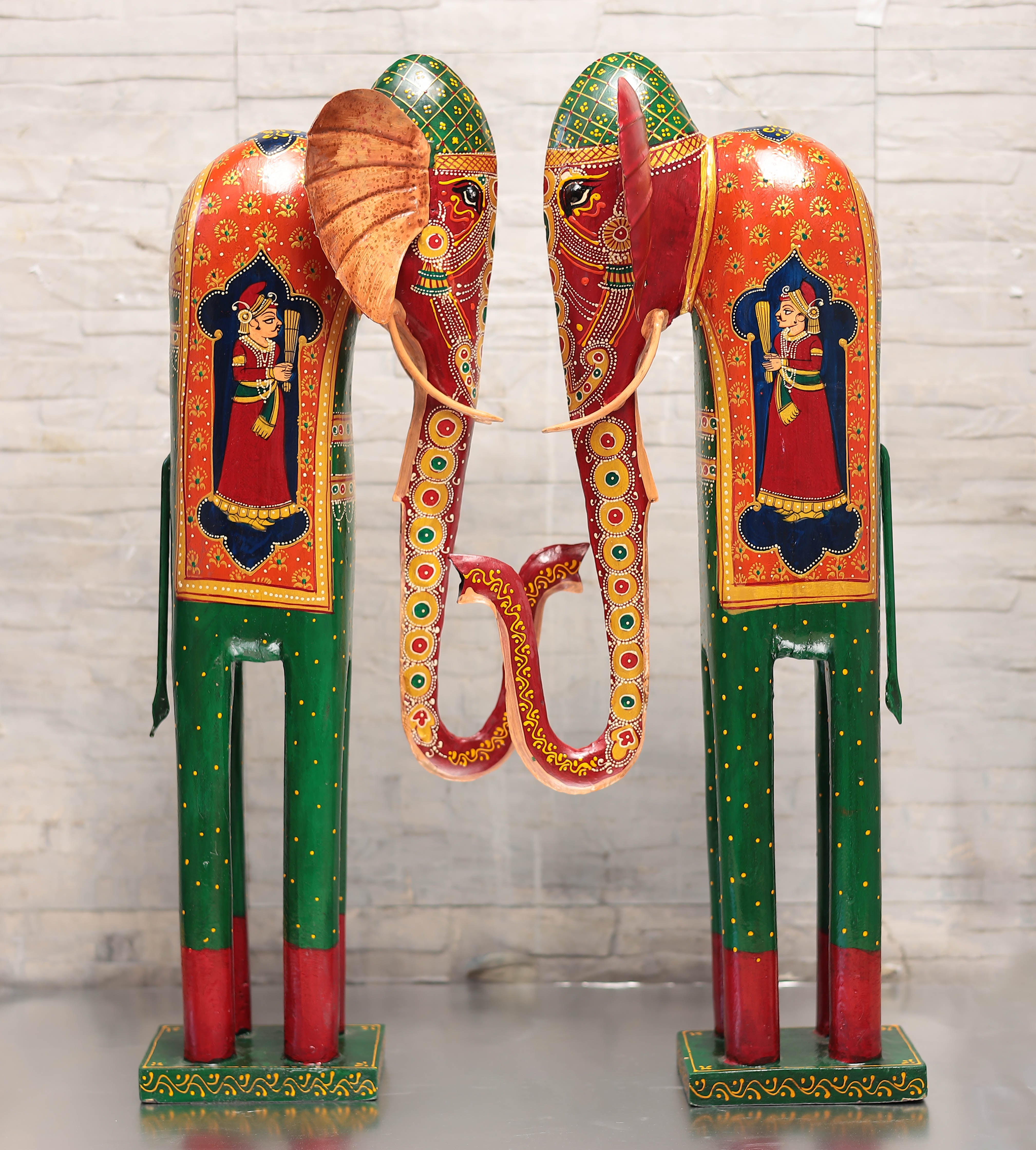 Wooden and Metal Ethnic Decorative Elephant Pair With Hand Painted