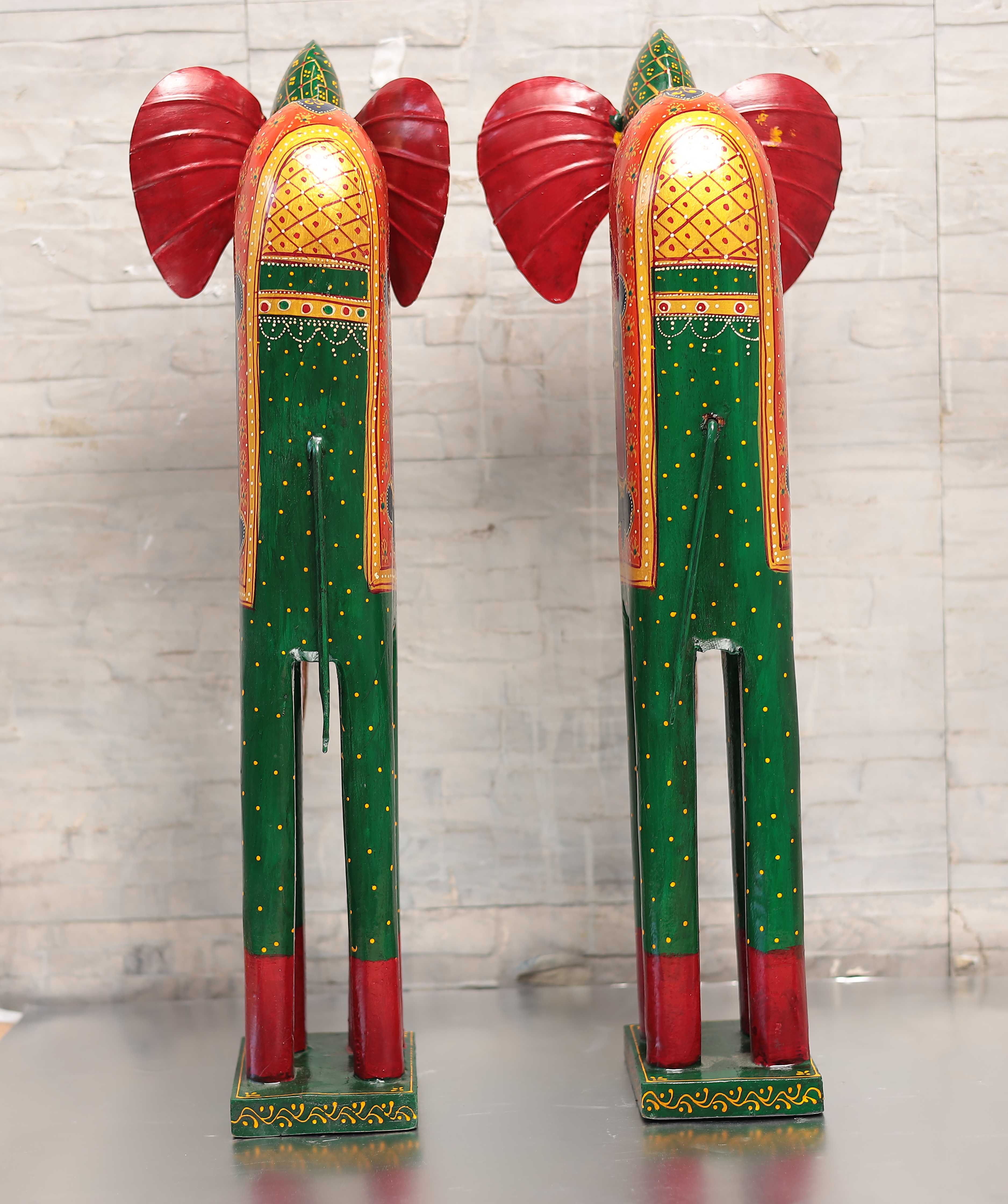 Wooden and Metal Ethnic Decorative Elephant Pair With Hand Painted