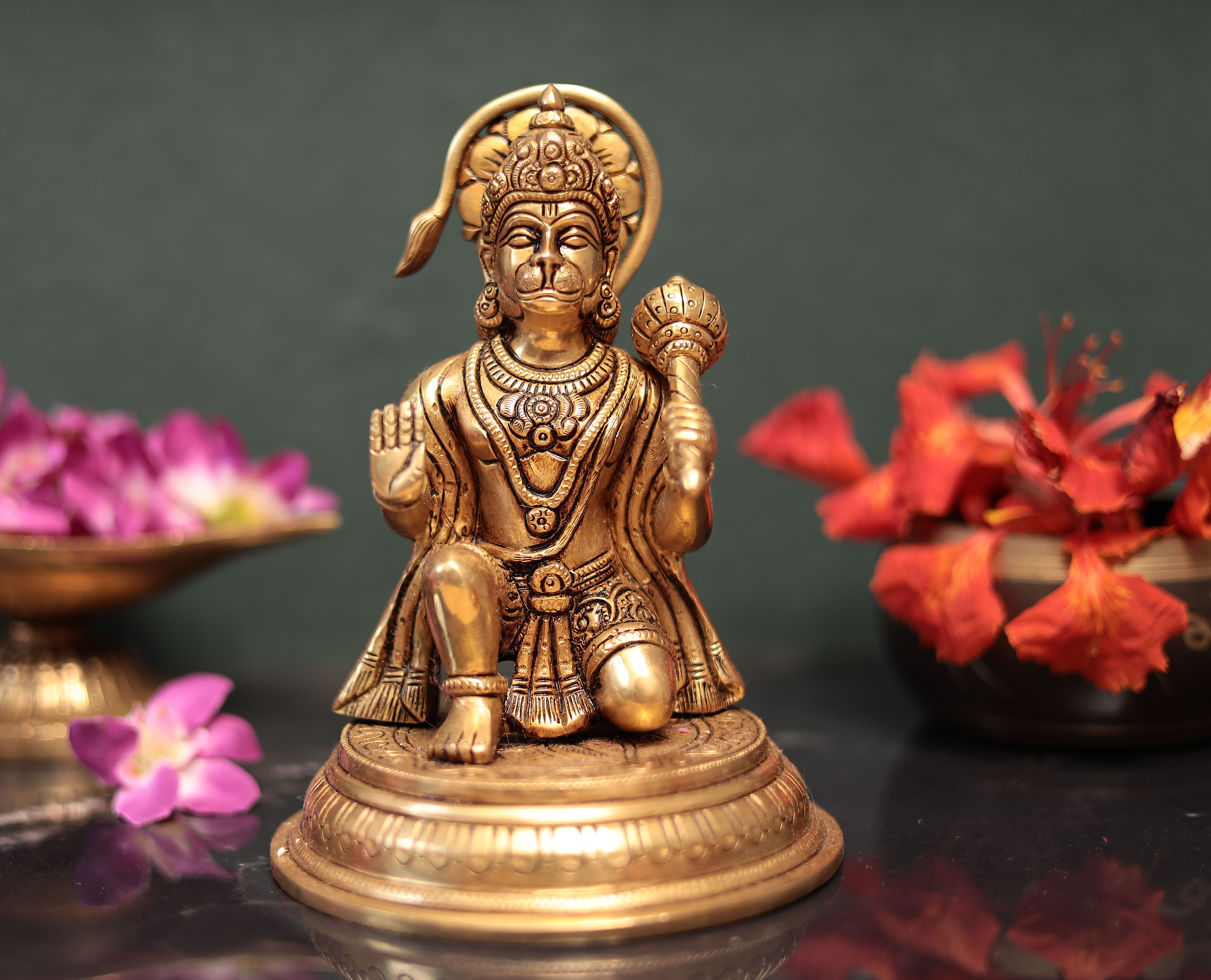 7" Lord Hanuman Seated In Abhay Mudra In Brass