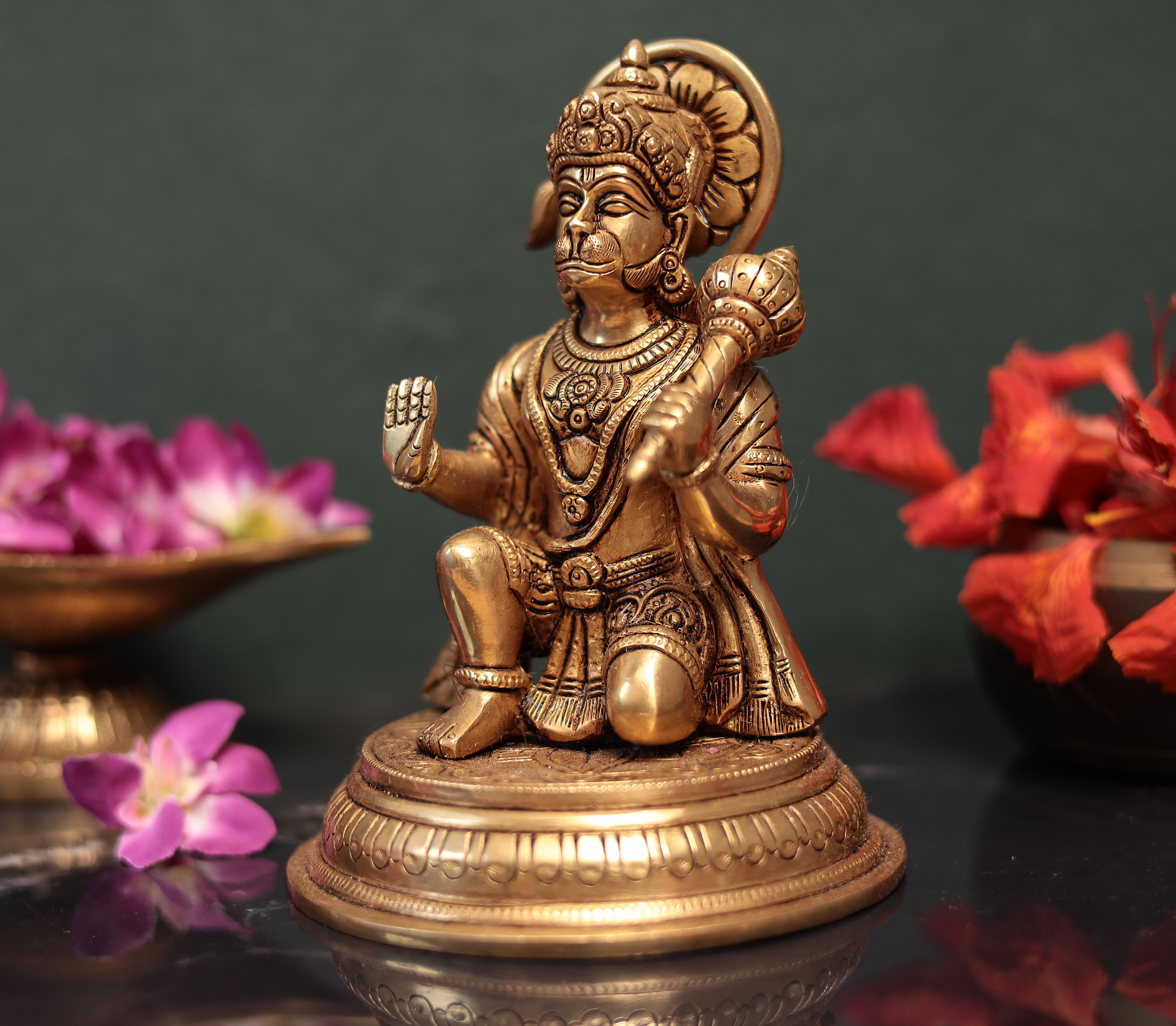 7" Lord Hanuman Seated In Abhay Mudra In Brass