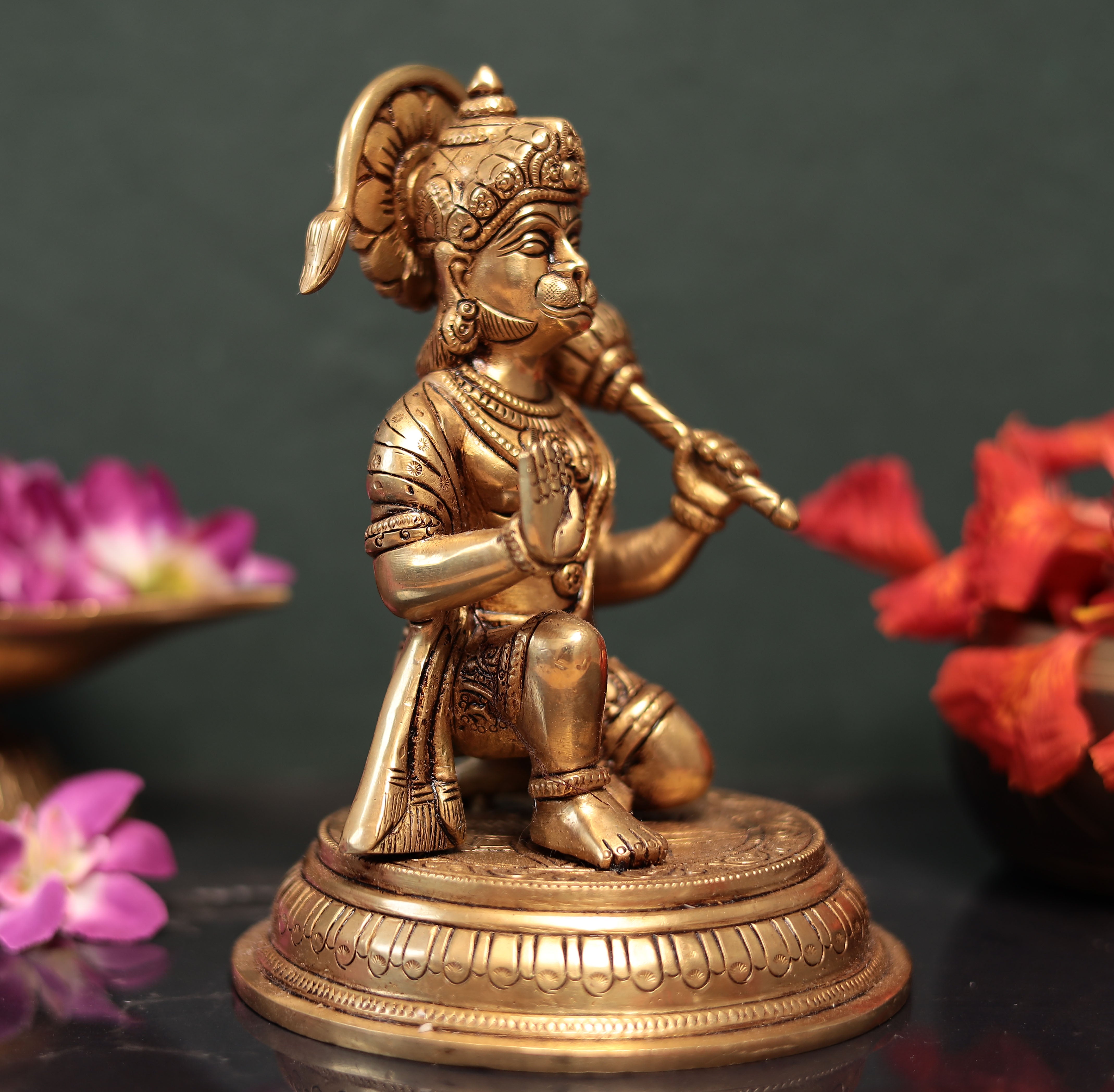 7" Lord Hanuman Seated In Abhay Mudra In Brass