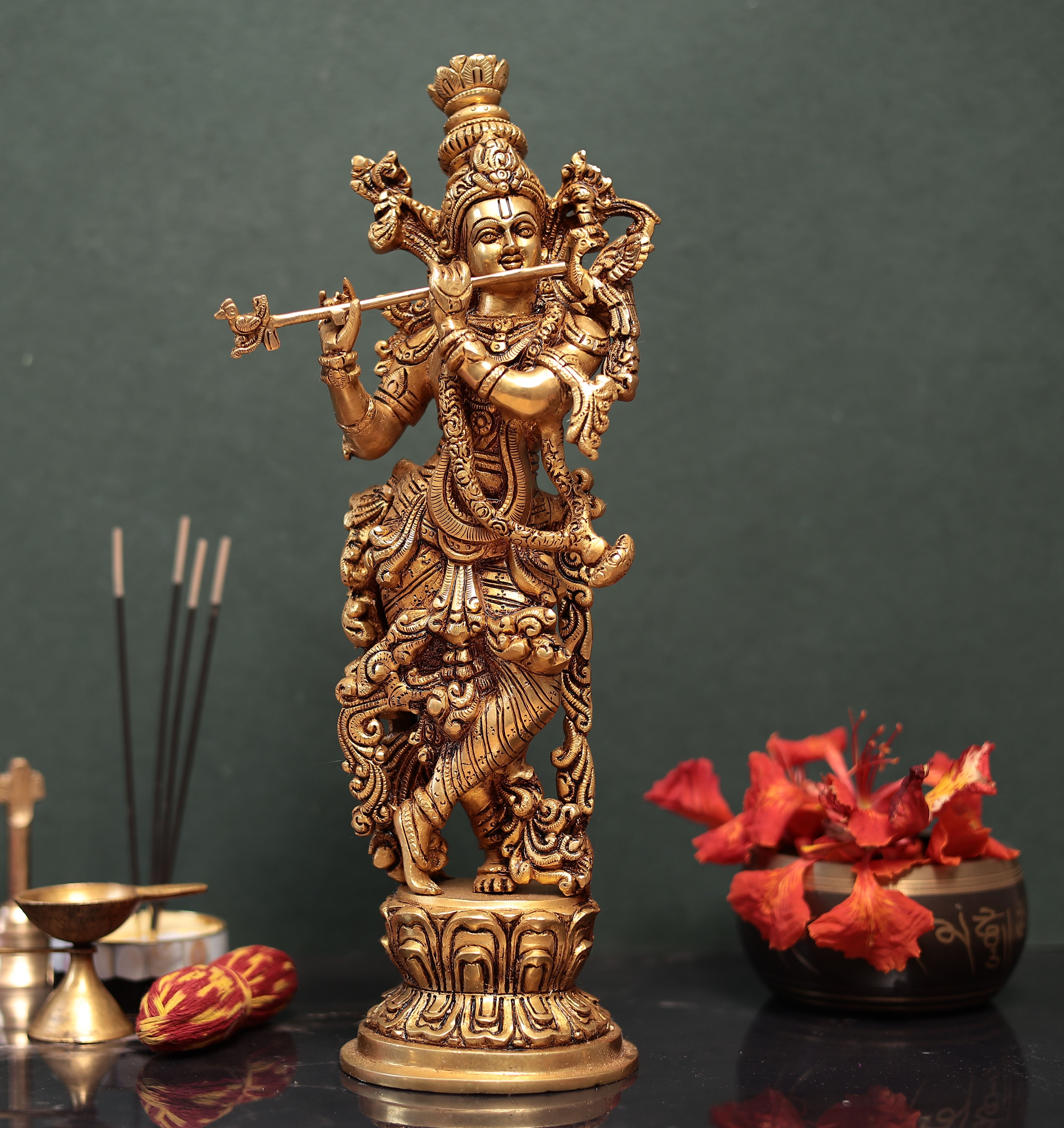 Lord Krishna Playing Flute In Brass In 15 Inches