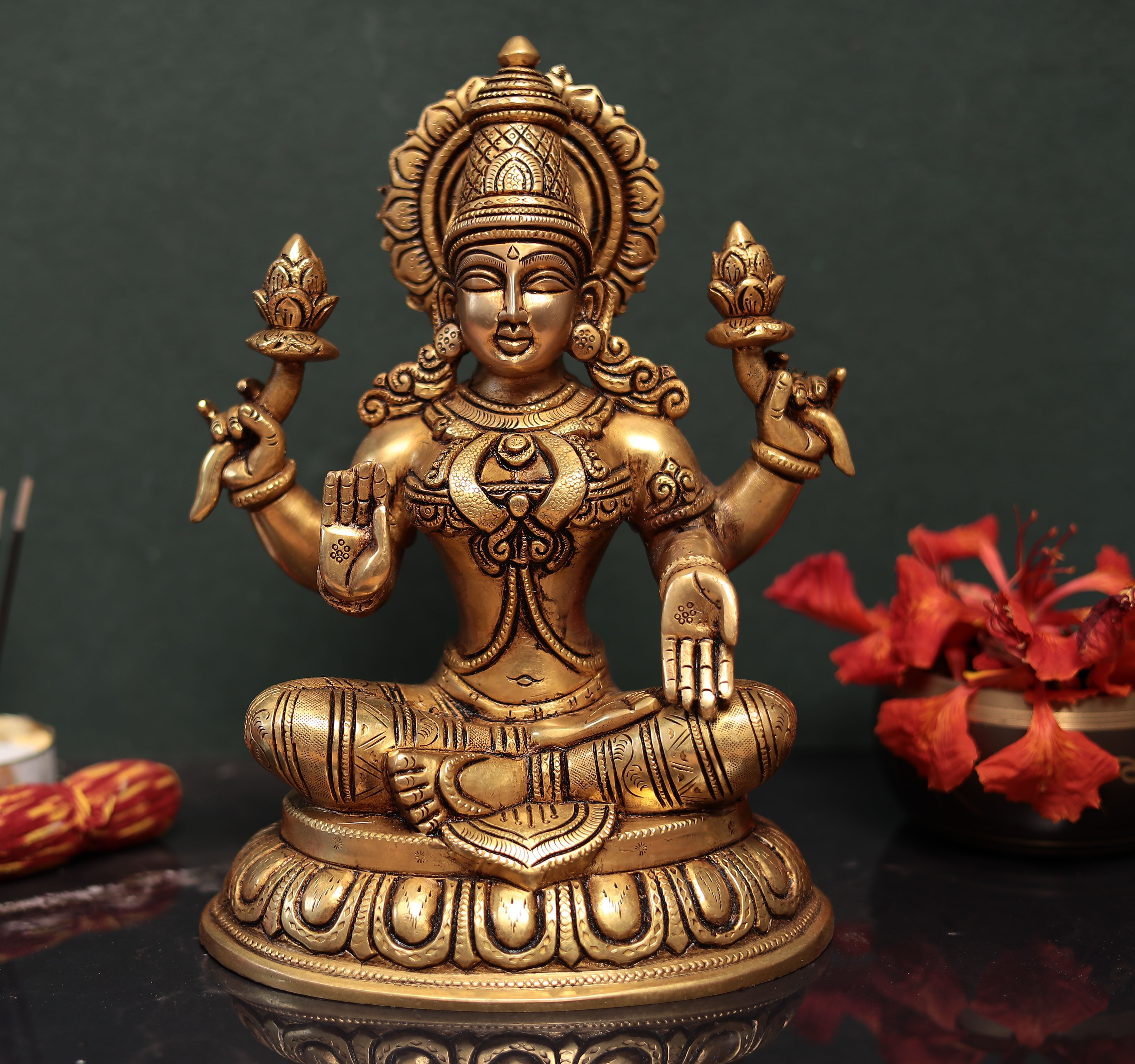 Ardhapadmasana Chaturbhuja Lakshmi | 10 Inches | Brass Idol | Handmade