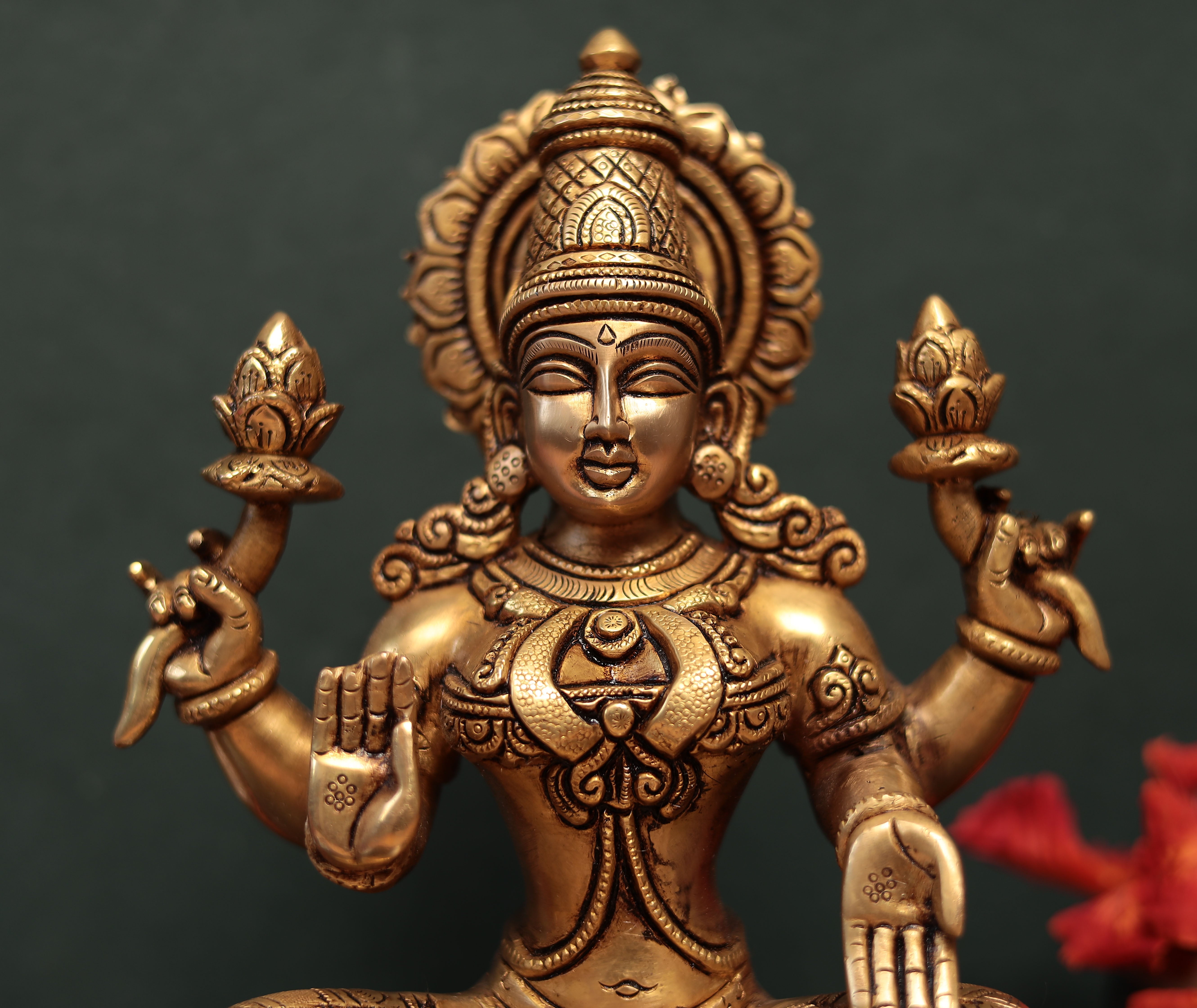 Ardhapadmasana Chaturbhuja Lakshmi | 10 Inches | Brass Idol | Handmade