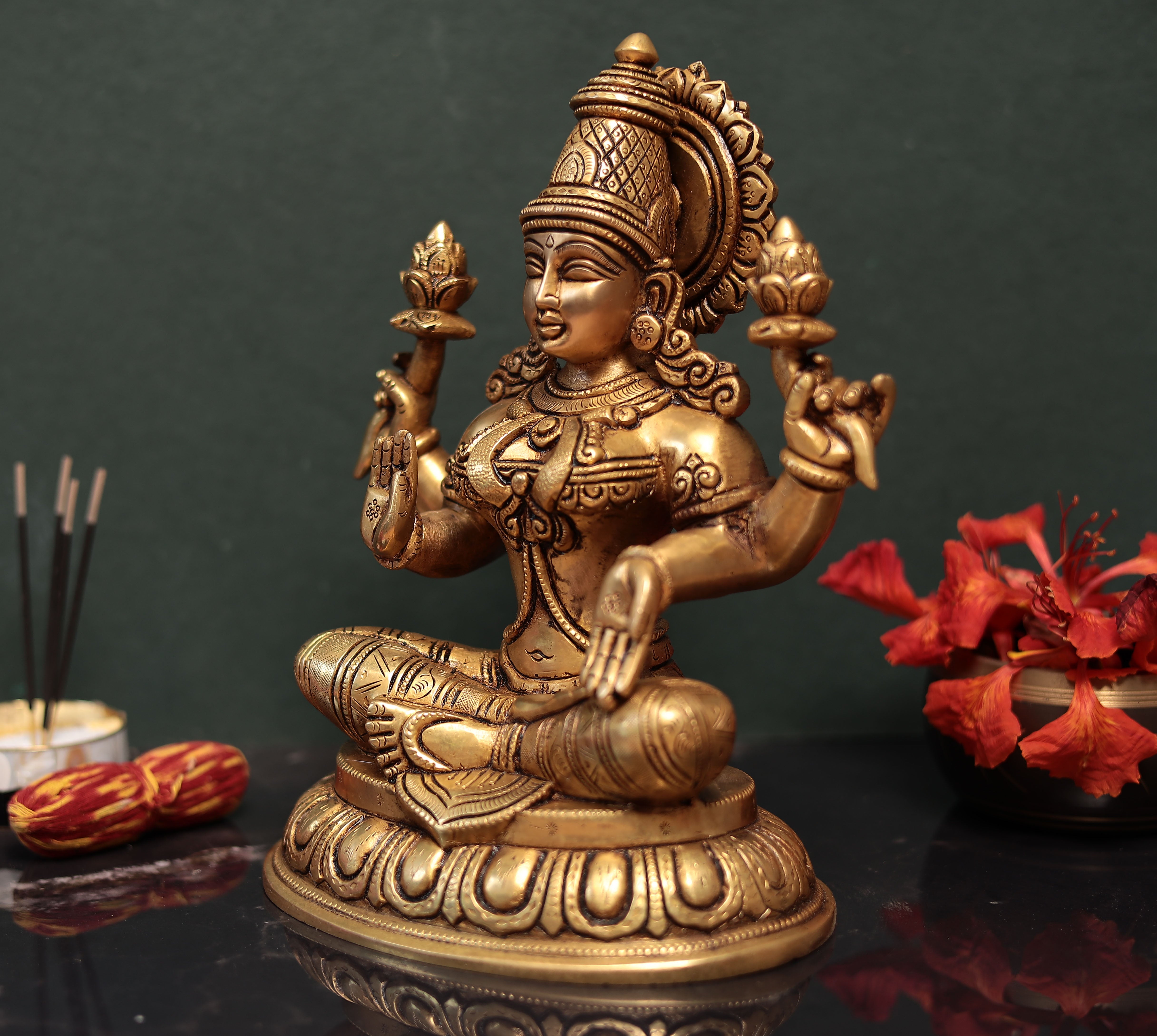 Ardhapadmasana Chaturbhuja Lakshmi | 10 Inches | Brass Idol | Handmade