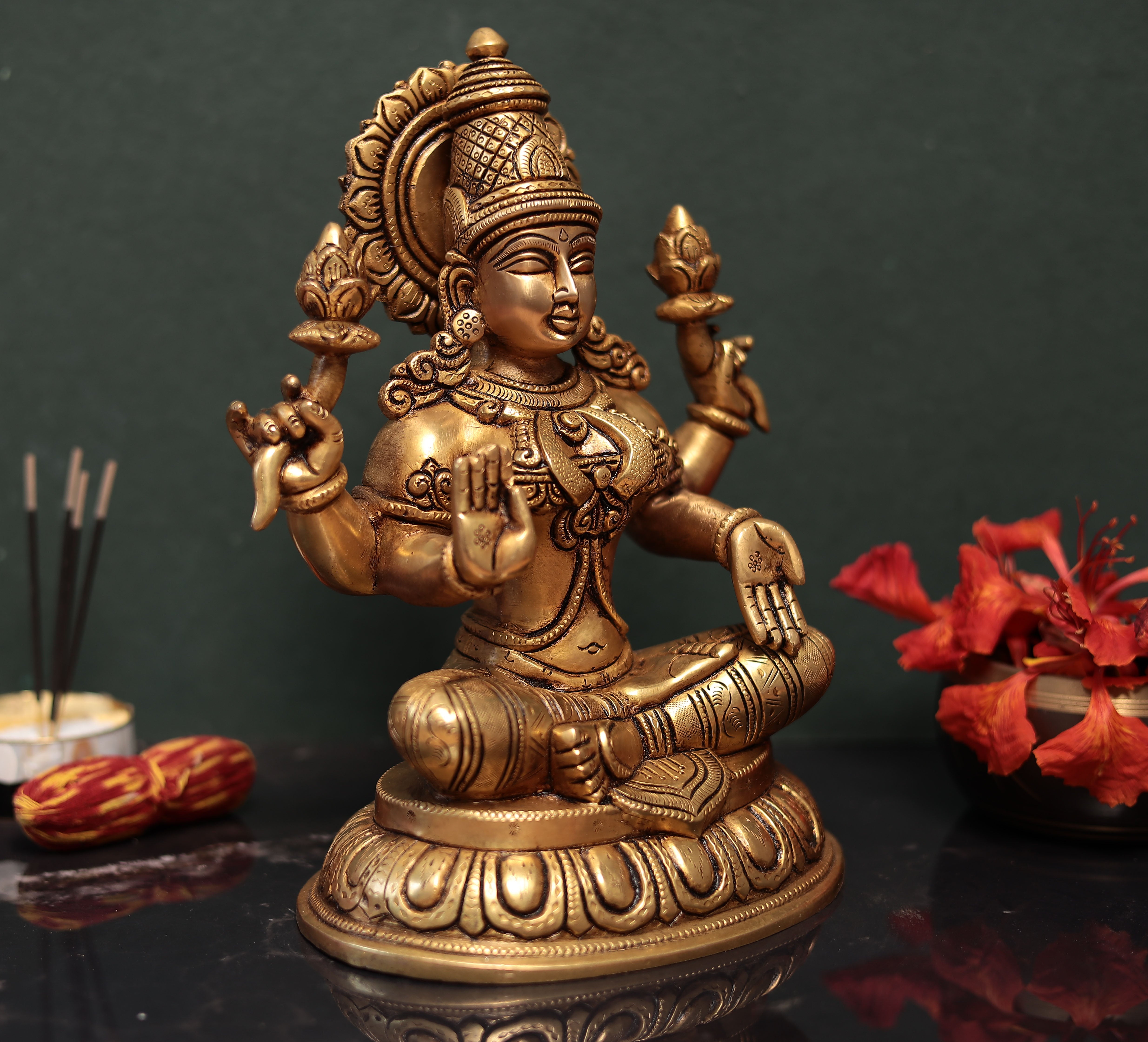 Ardhapadmasana Chaturbhuja Lakshmi | 10 Inches | Brass Idol | Handmade