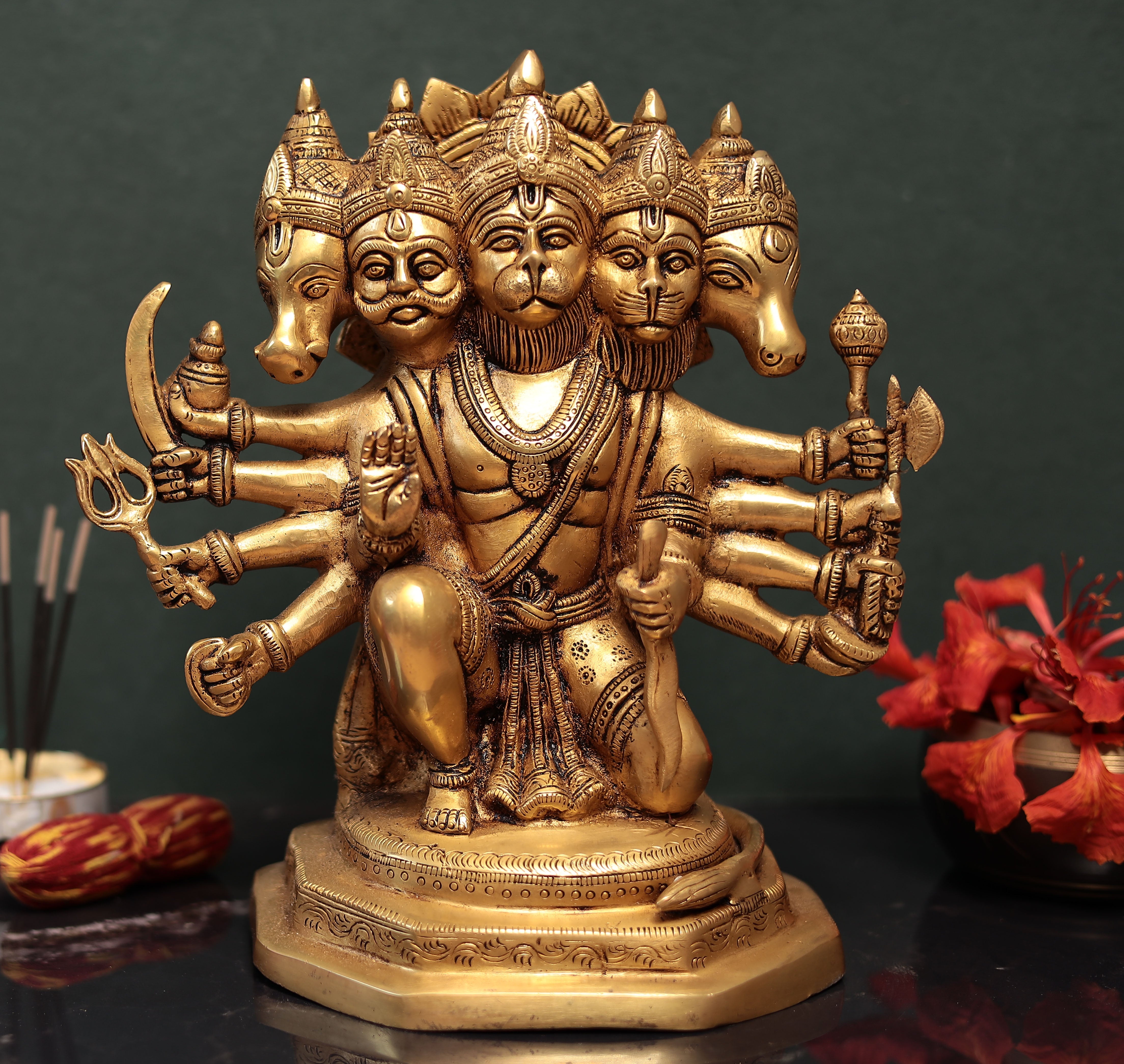 Panchmukhi 10-Armed Lord Hanuman Idol In 11 Inches | Brass