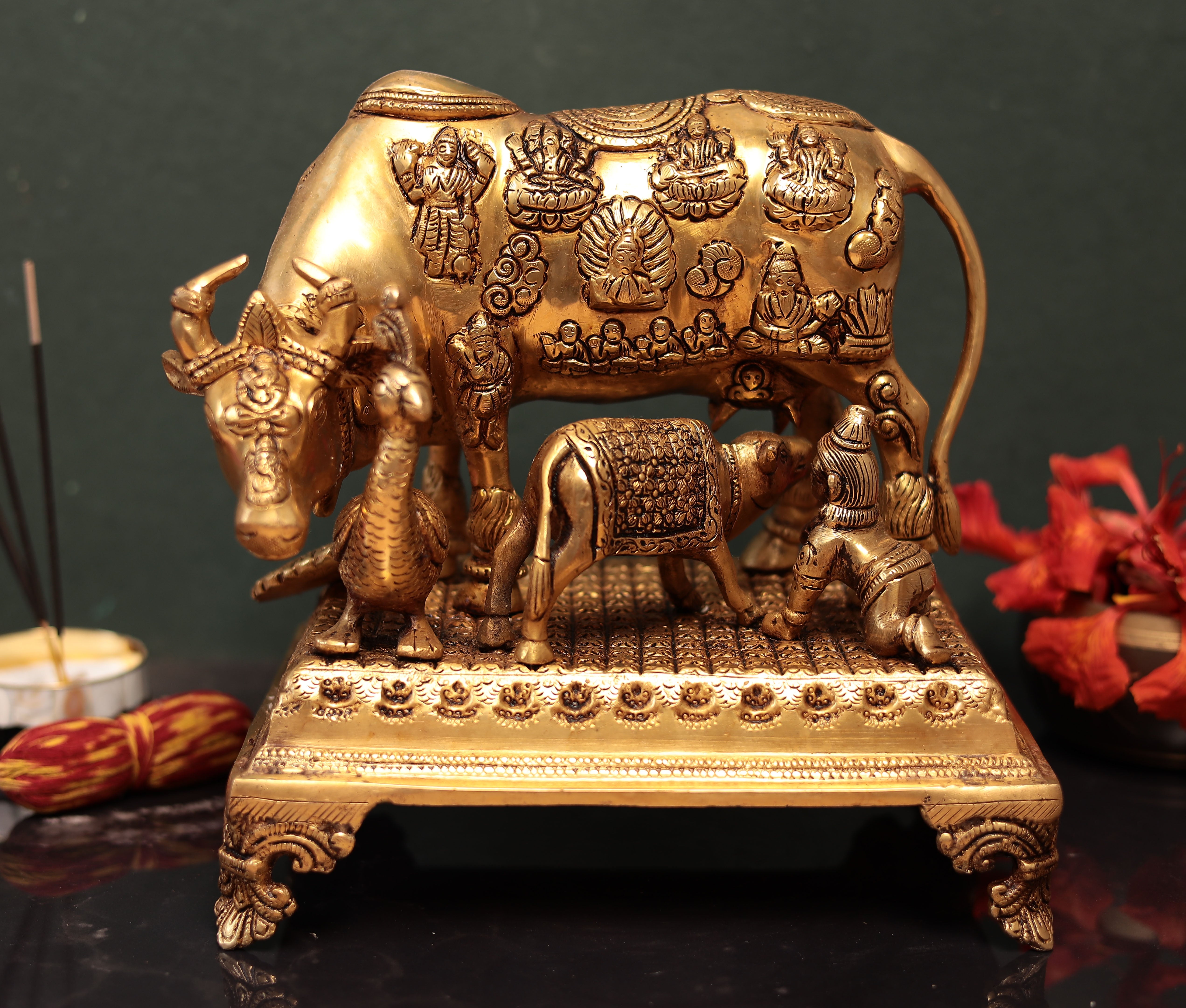 Brass Kamdhenu Cow with Calf, Gopala and Peacock | 10 Inches