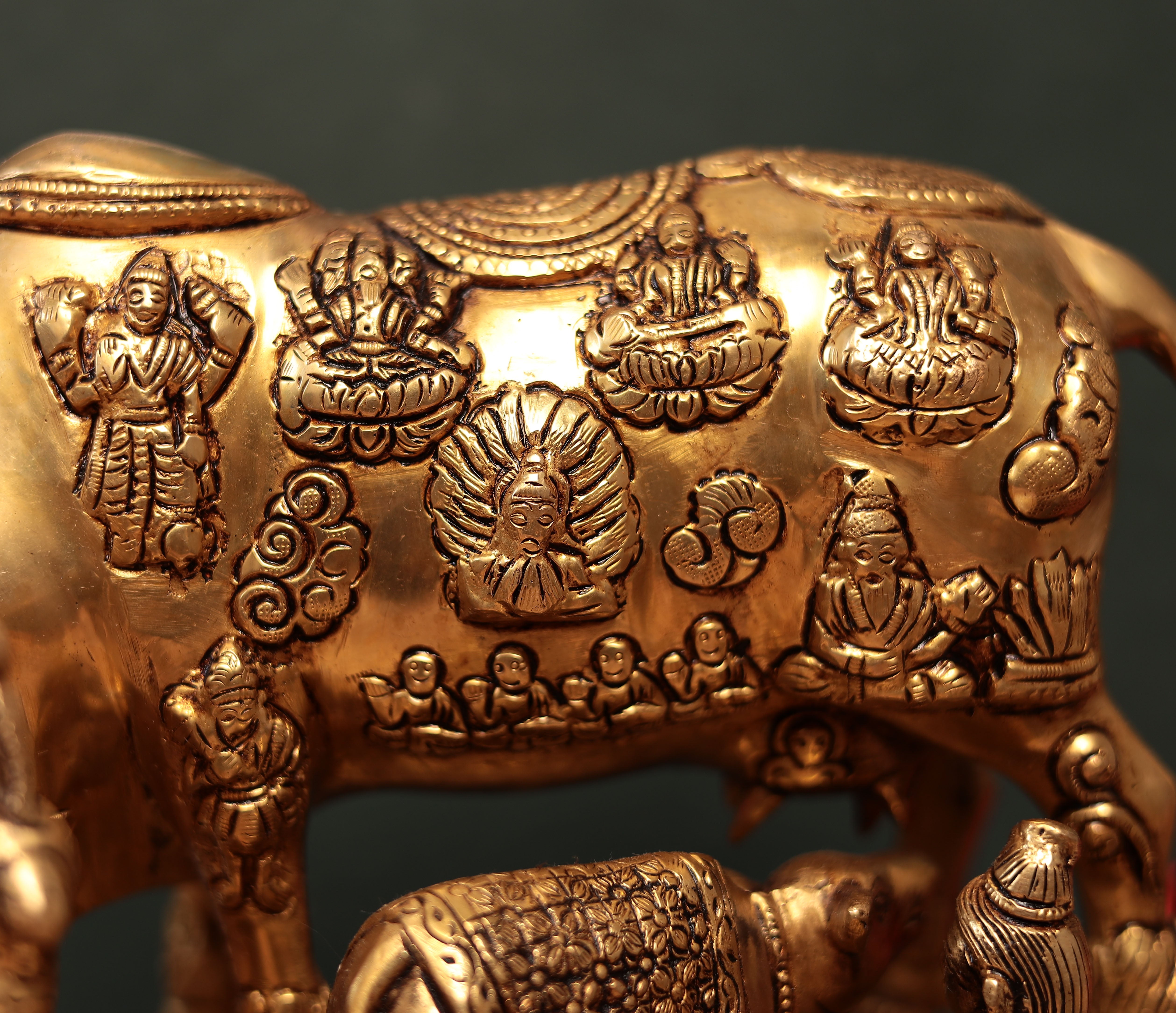 Brass Kamdhenu Cow with Calf, Gopala and Peacock | 10 Inches