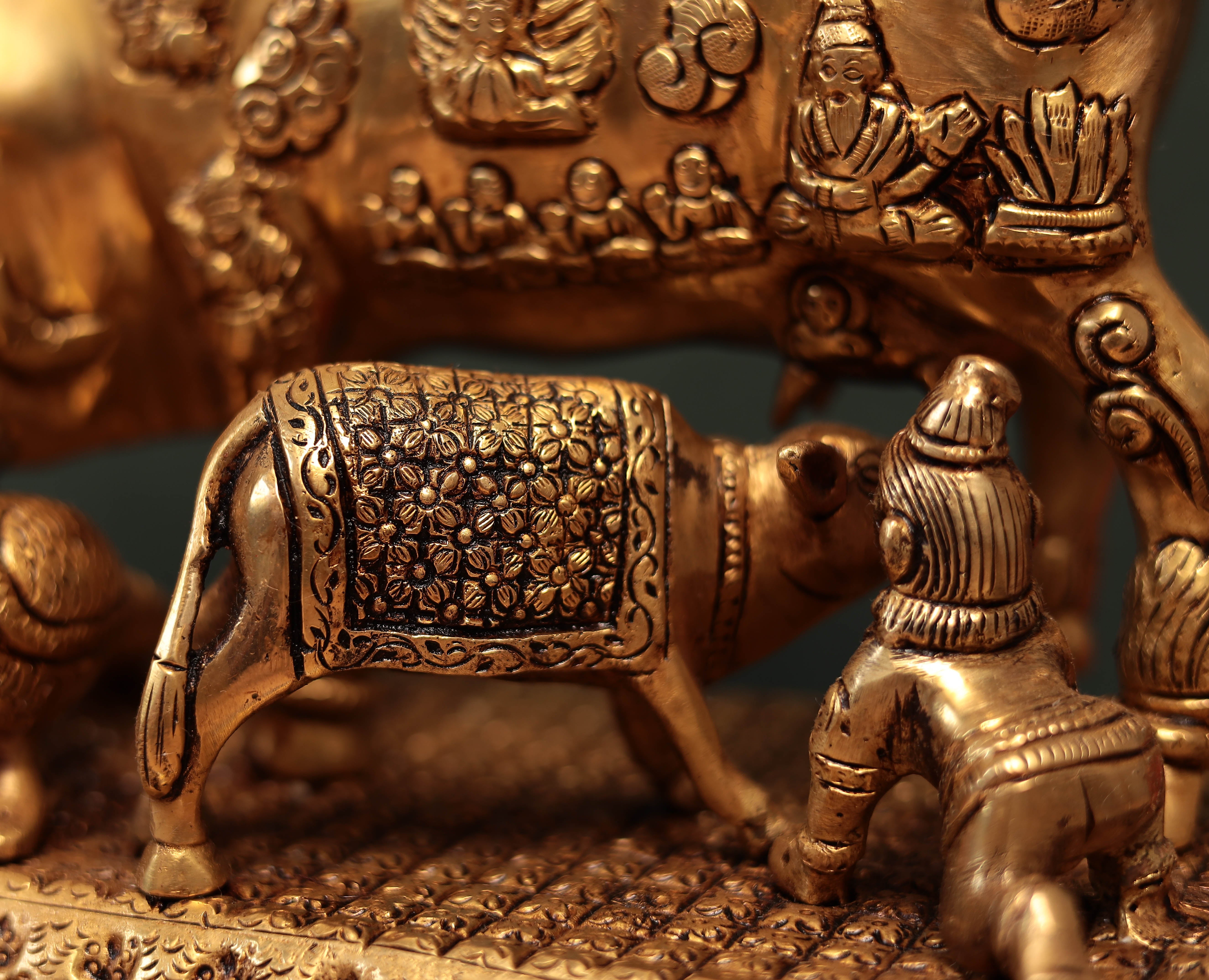 Brass Kamdhenu Cow with Calf, Gopala and Peacock | 10 Inches