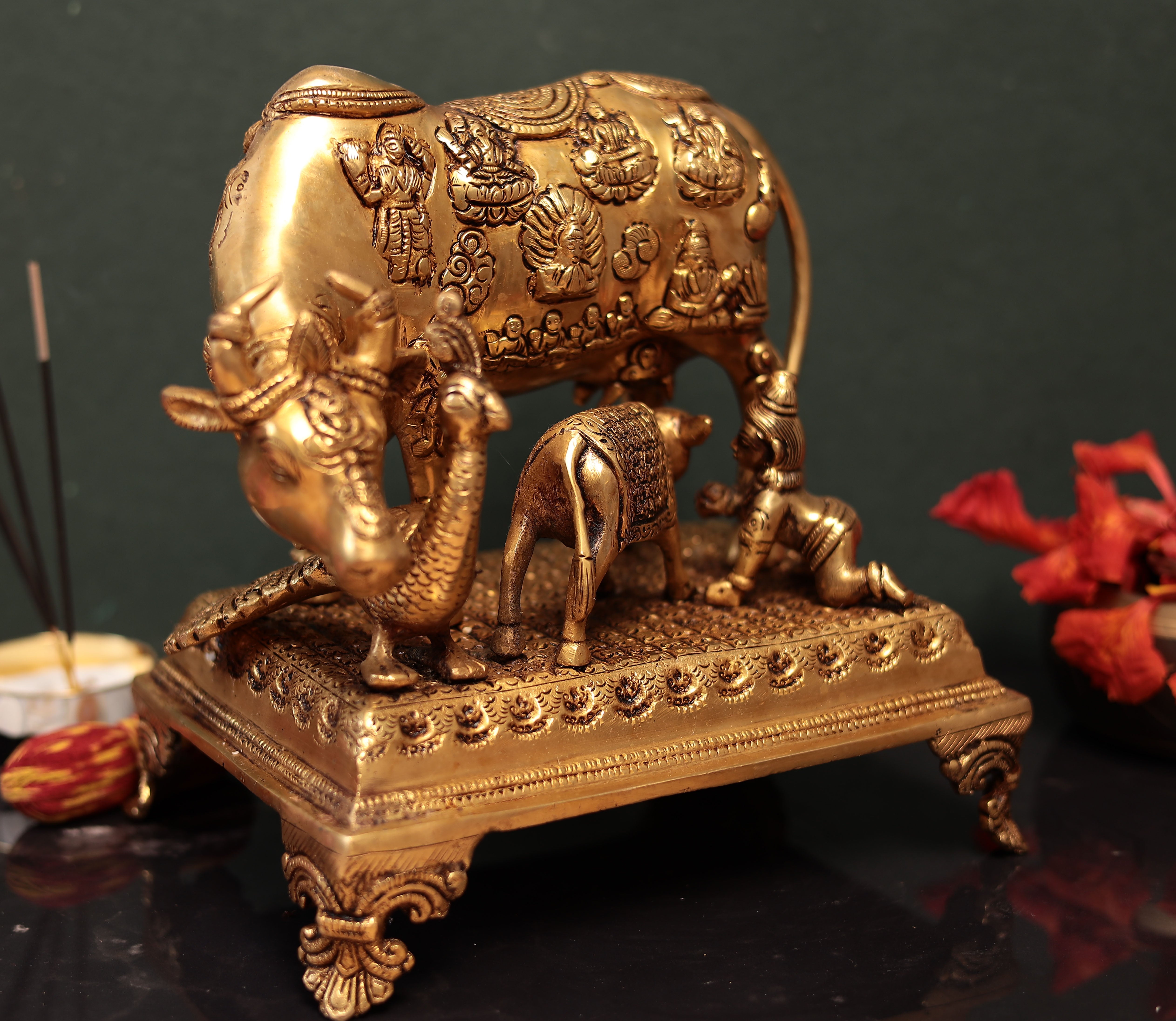 Brass Kamdhenu Cow with Calf, Gopala and Peacock | 10 Inches